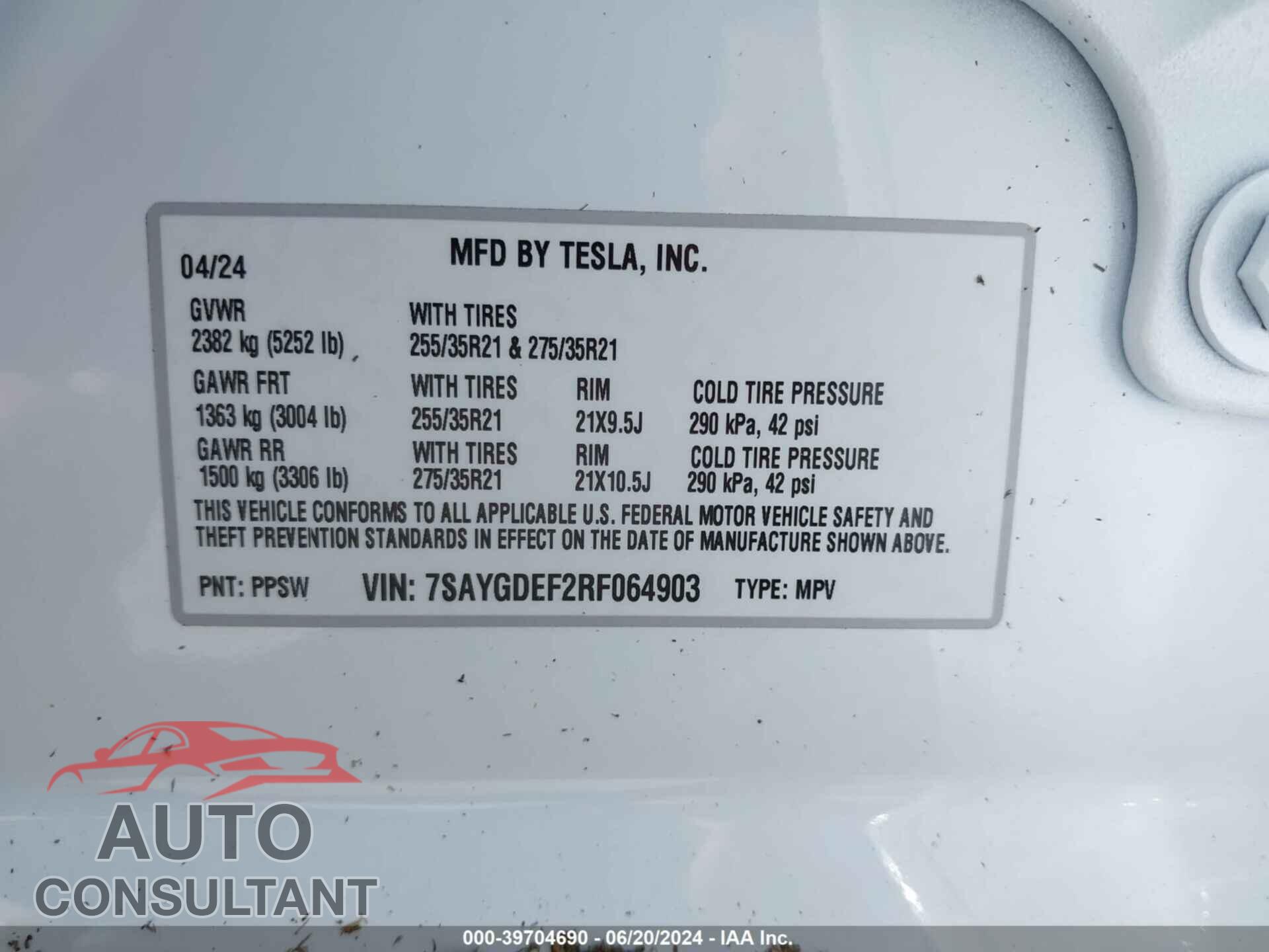 TESLA MODEL Y 2024 - 7SAYGDEF2RF064903