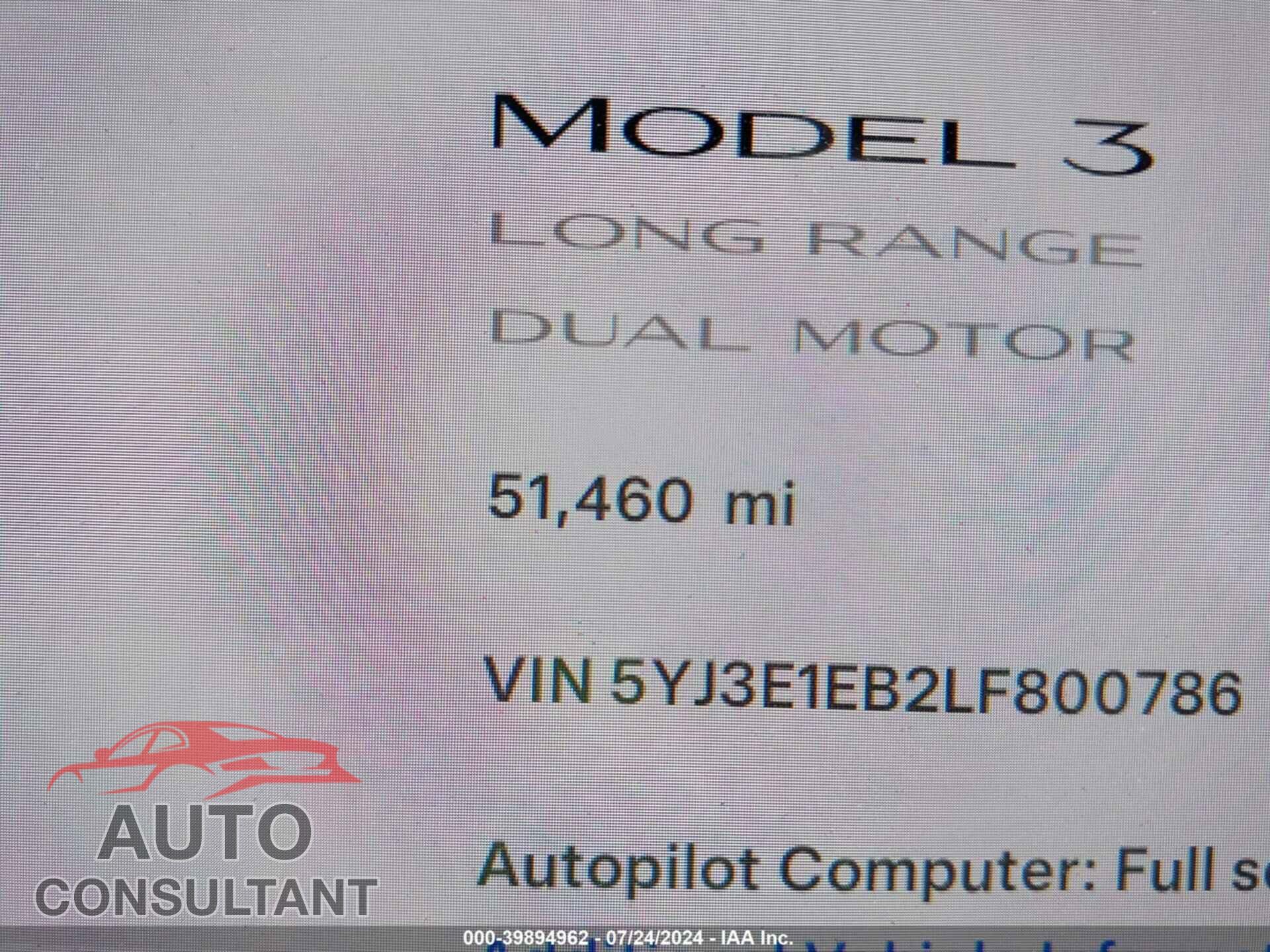 TESLA MODEL 3 2020 - 5YJ3E1EB2LF800786