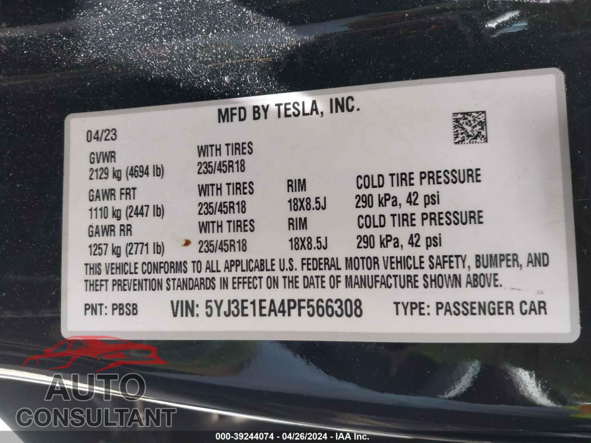 TESLA MODEL 3 2023 - 5YJ3E1EA4PF566308