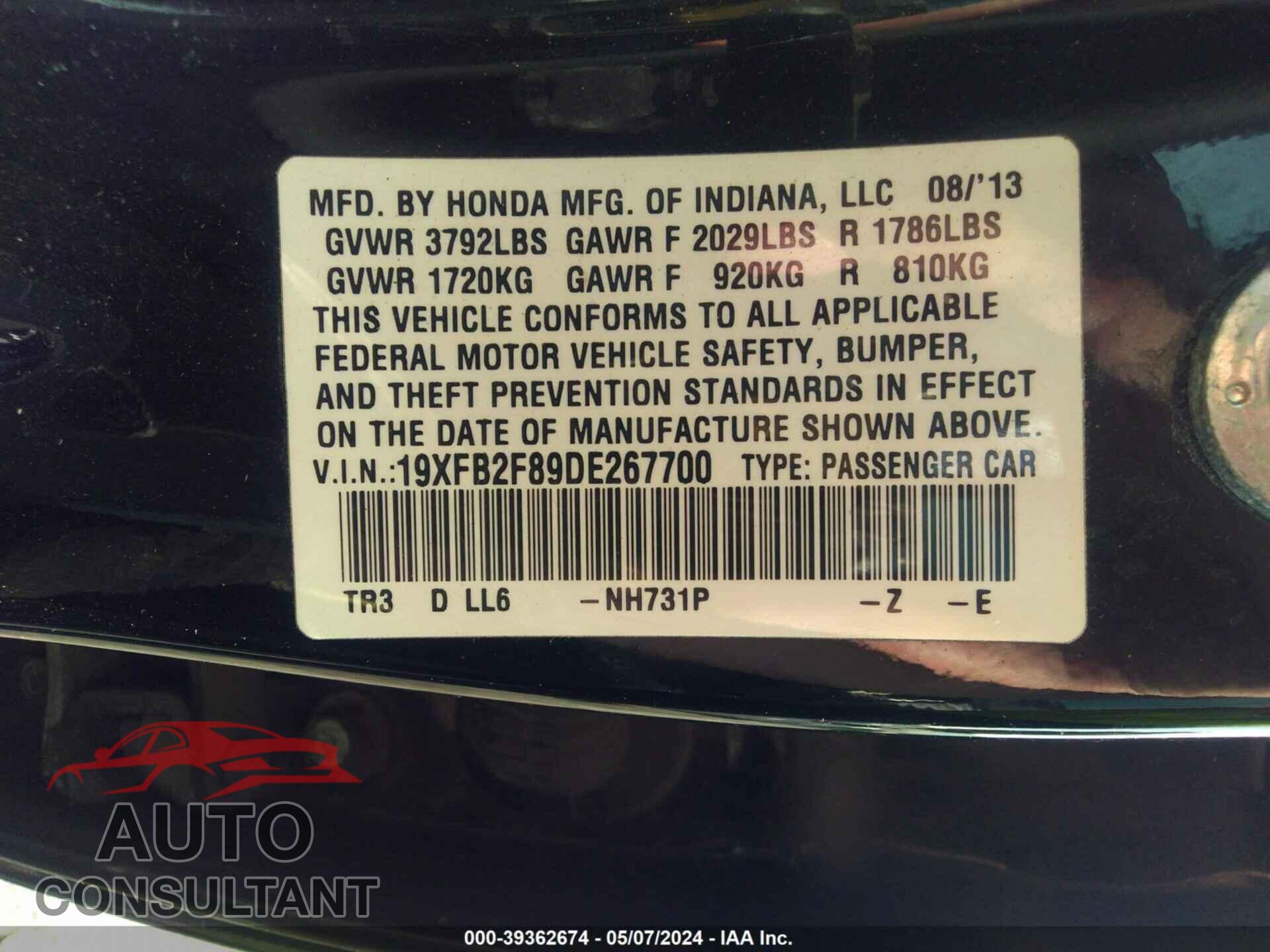HONDA CIVIC 2013 - 19XFB2F89DE267700
