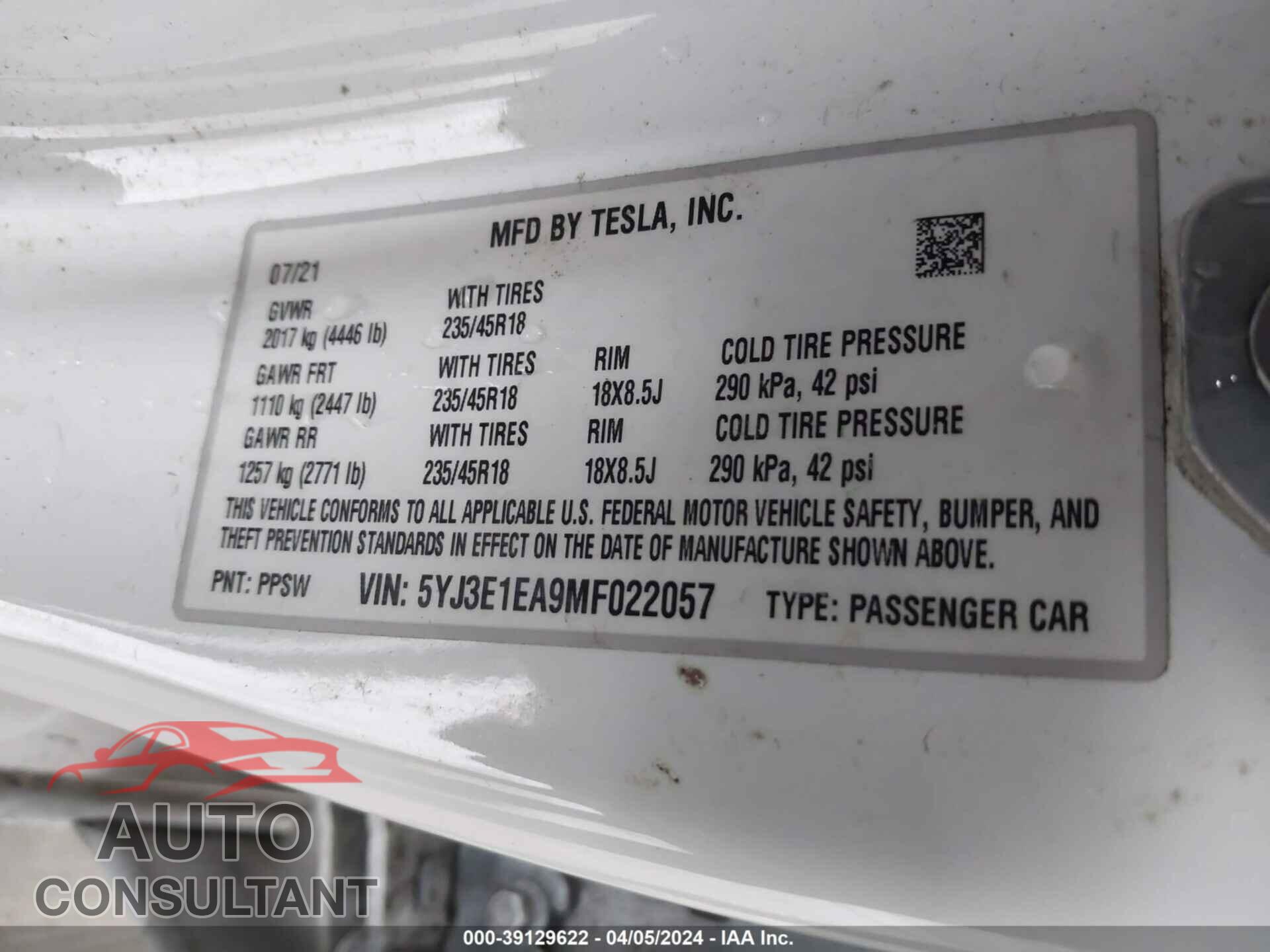TESLA MODEL 3 2021 - 5YJ3E1EA9MF022057