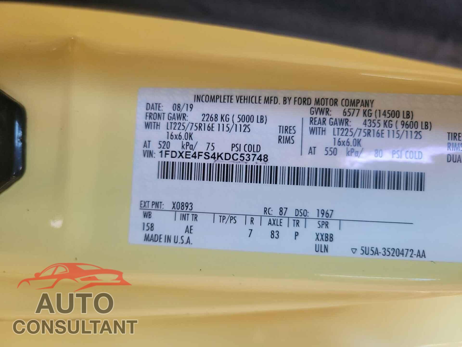 FORD ECONOLINE 2019 - 1FDXE4FS4KDC53748