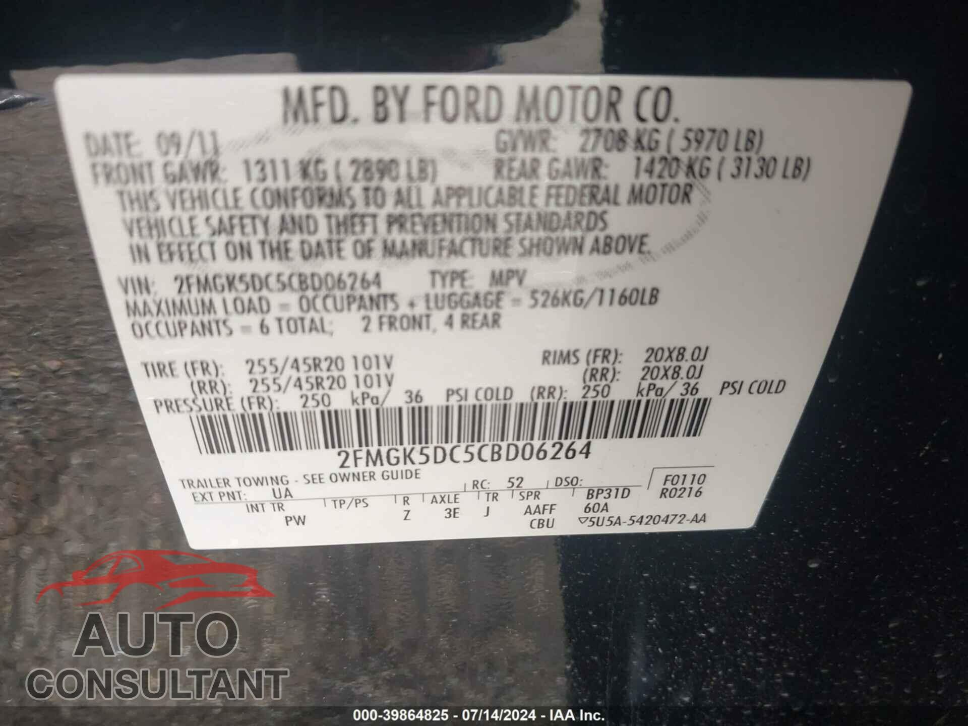 FORD FLEX 2012 - 2FMGK5DC5CBD06264