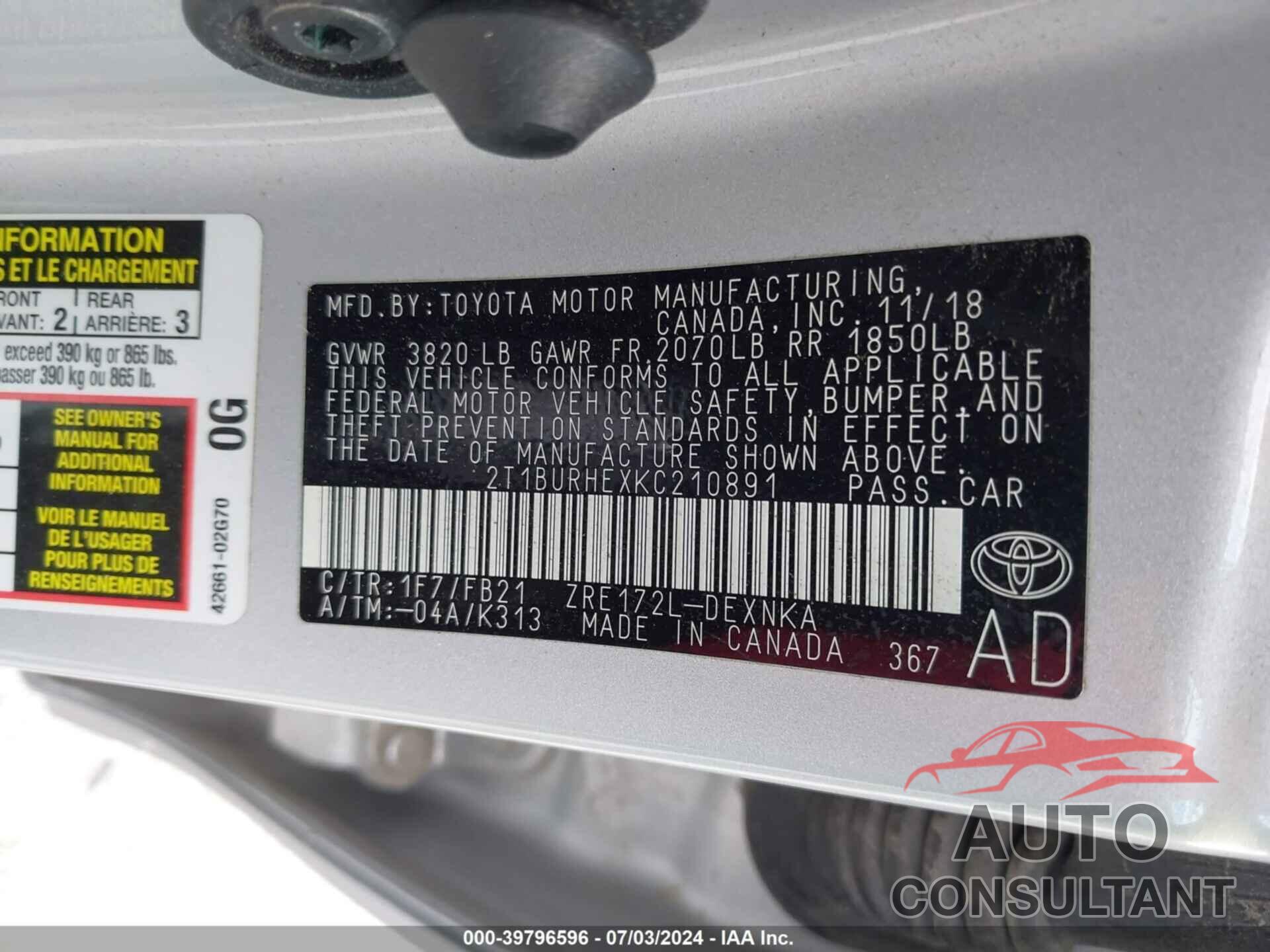TOYOTA COROLLA 2019 - 2T1BURHEXKC210891