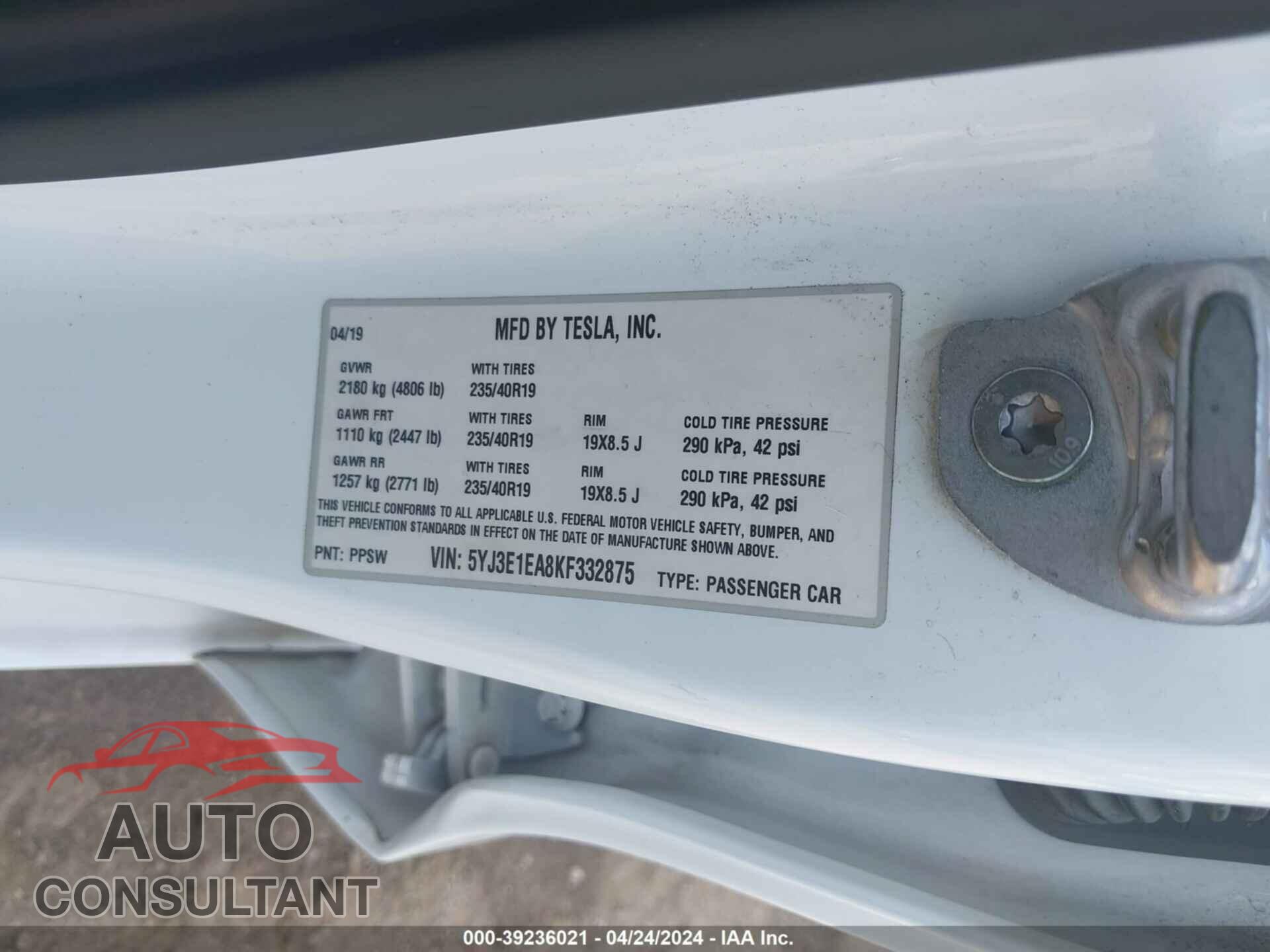 TESLA MODEL 3 2019 - 5YJ3E1EA8KF332875