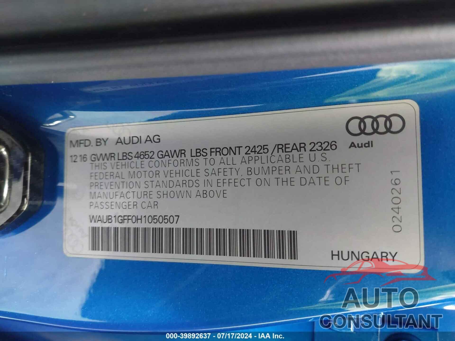 AUDI S3 2017 - WAUB1GFF0H1050507