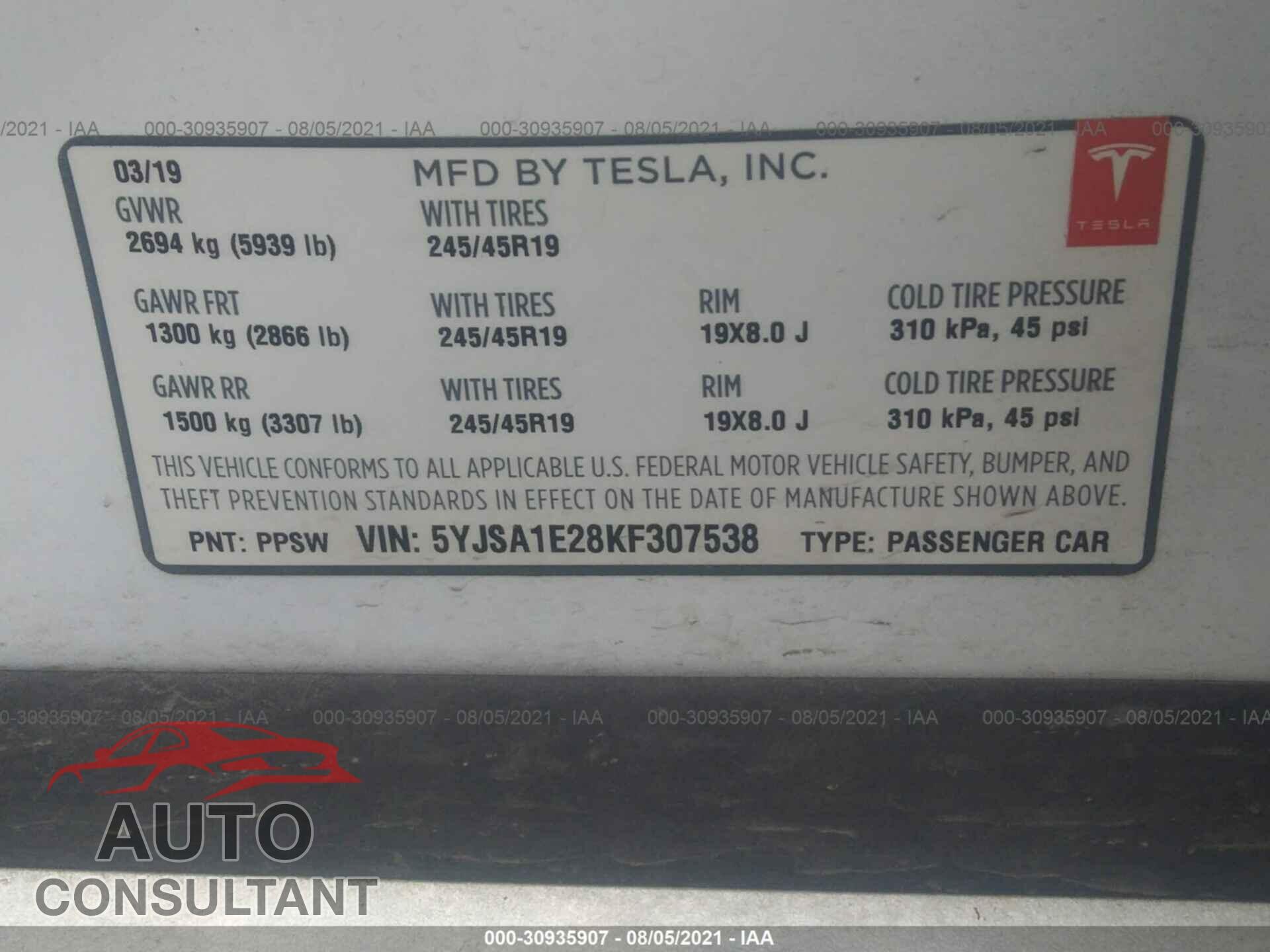 TESLA MODEL S 2019 - 5YJSA1E28KF307538