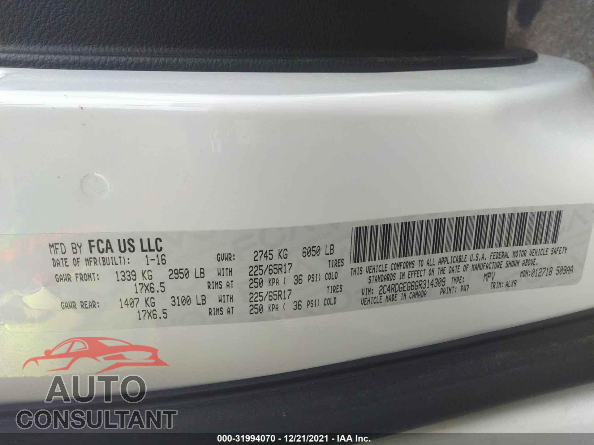 DODGE GRAND CARAVAN 2016 - 2C4RDGEG6GR314309