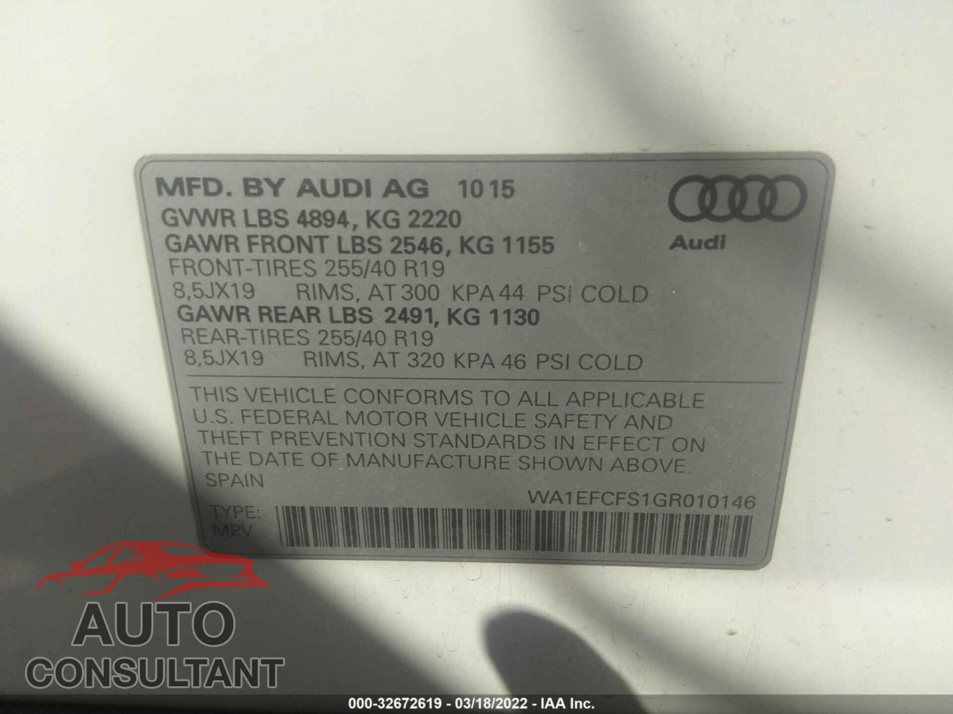 AUDI Q3 2016 - WA1EFCFS1GR010146