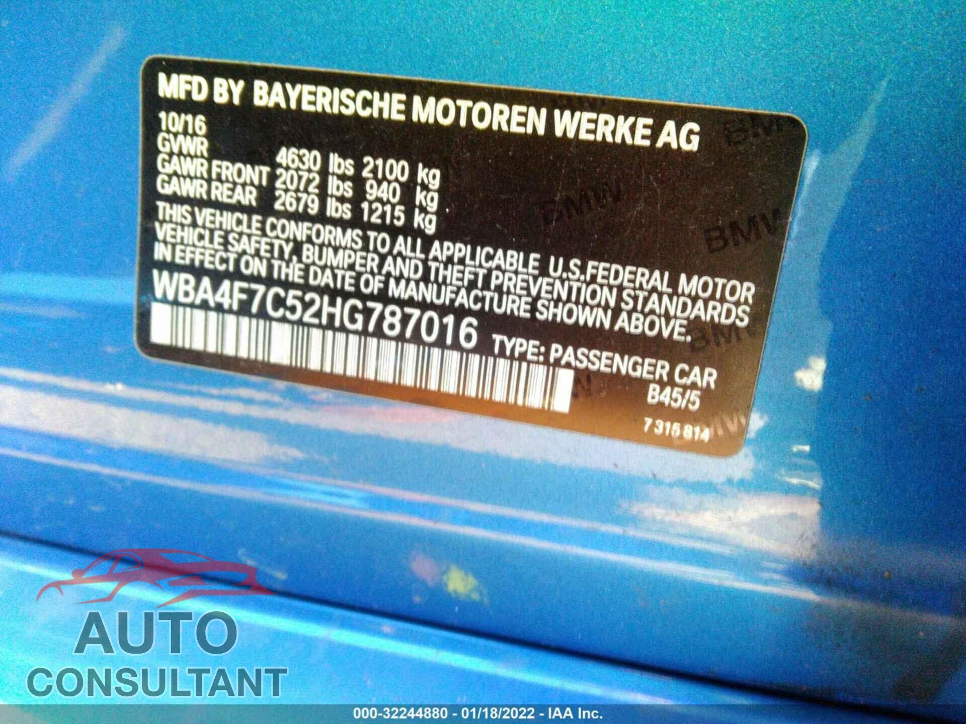 BMW 4 SERIES 2017 - WBA4F7C52HG787016