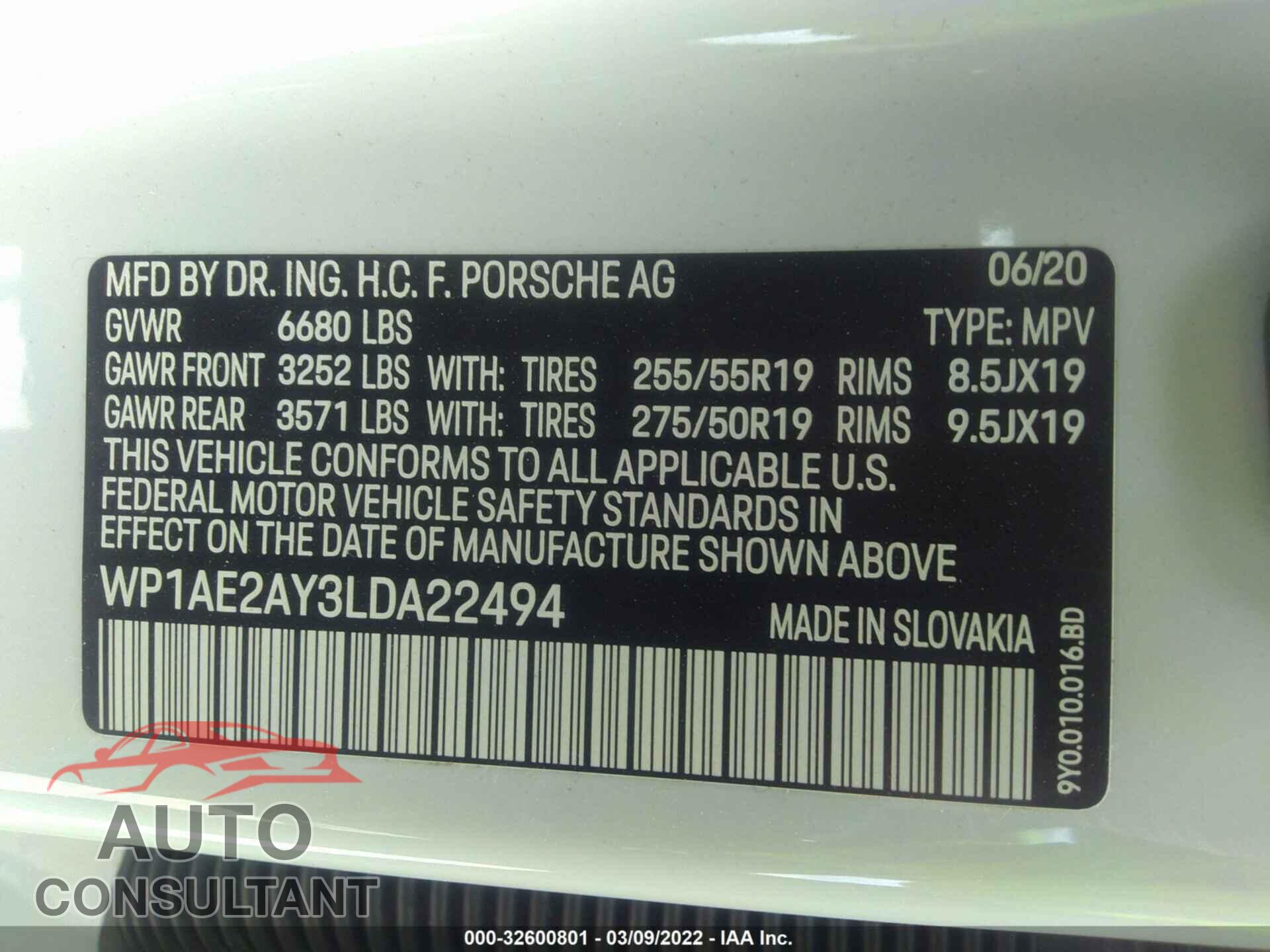 PORSCHE CAYENNE 2020 - WP1AE2AY3LDA22494