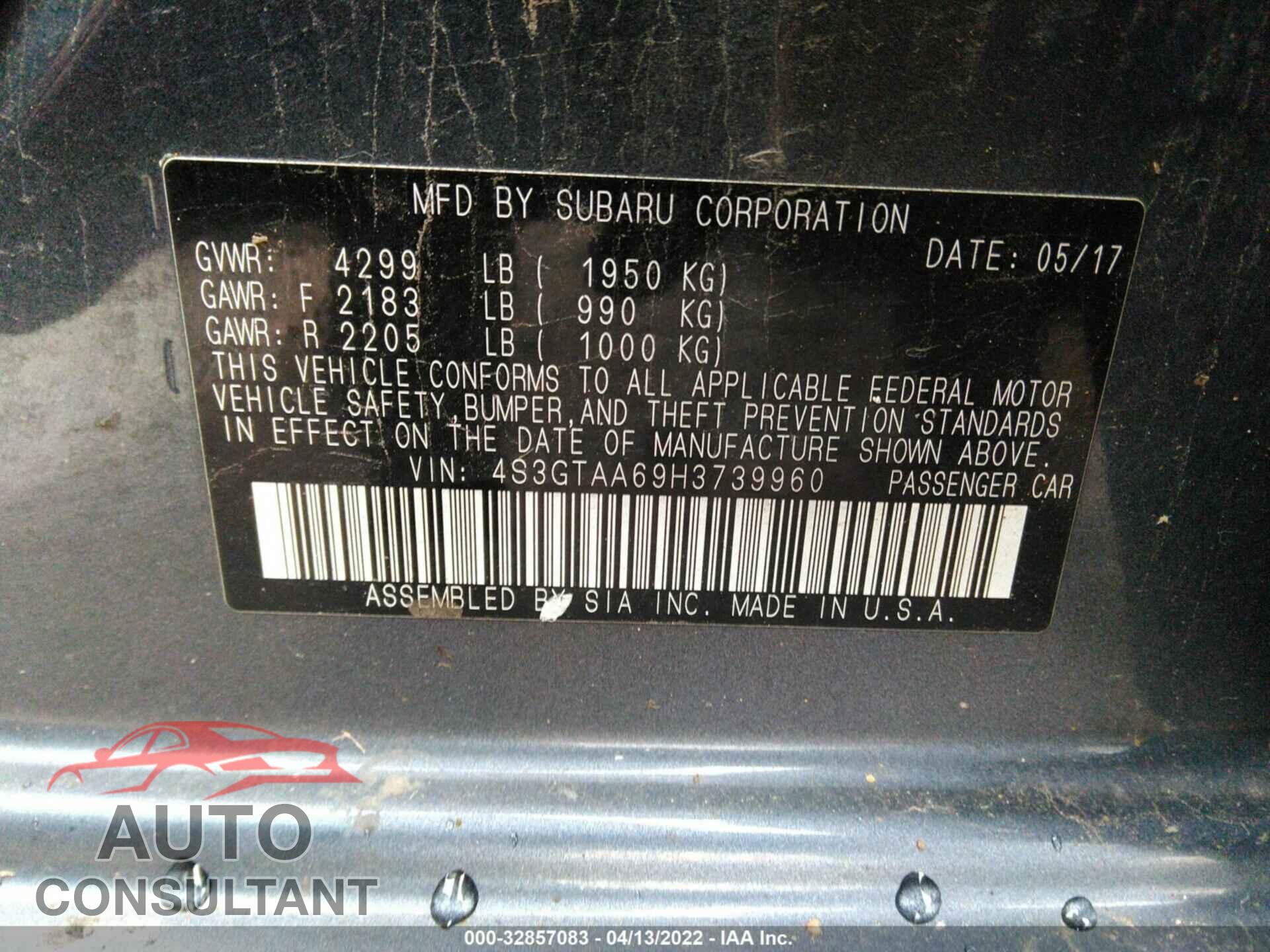 SUBARU IMPREZA 2017 - 4S3GTAA69H3739960