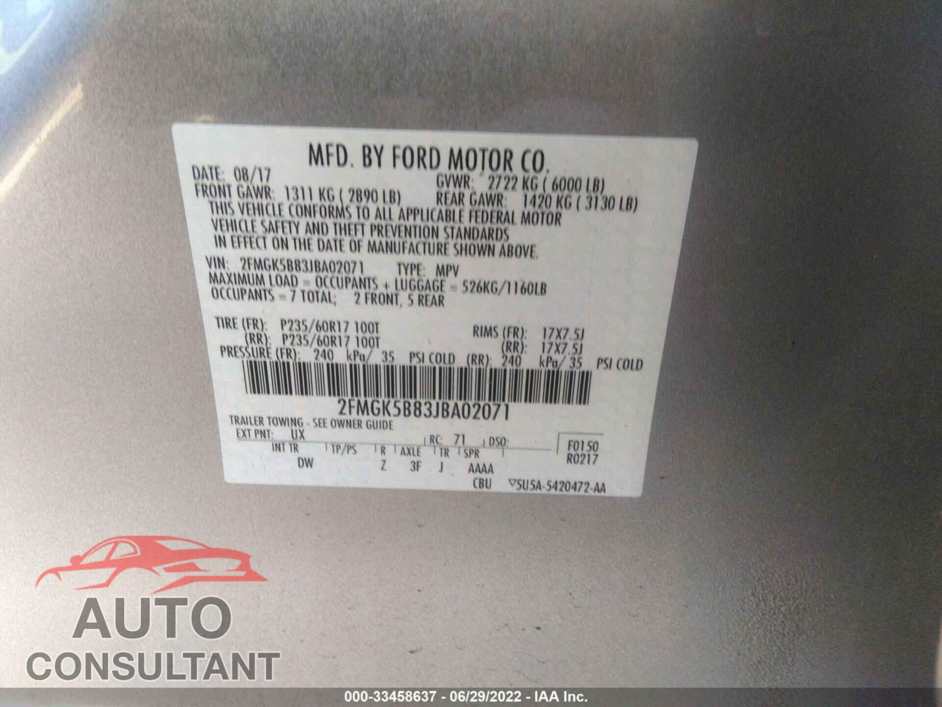 FORD FLEX 2018 - 2FMGK5B83JBA02071
