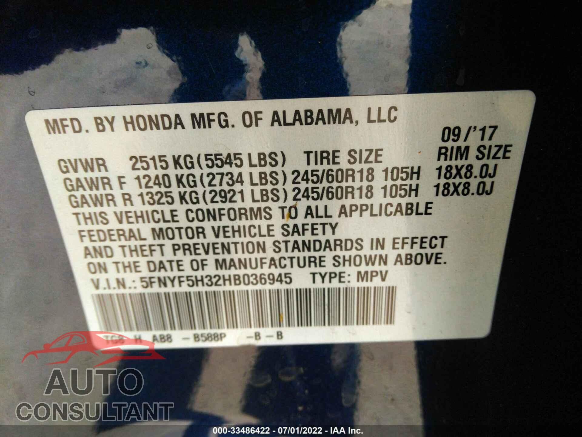 HONDA PILOT 2017 - 5FNYF5H32HB036945