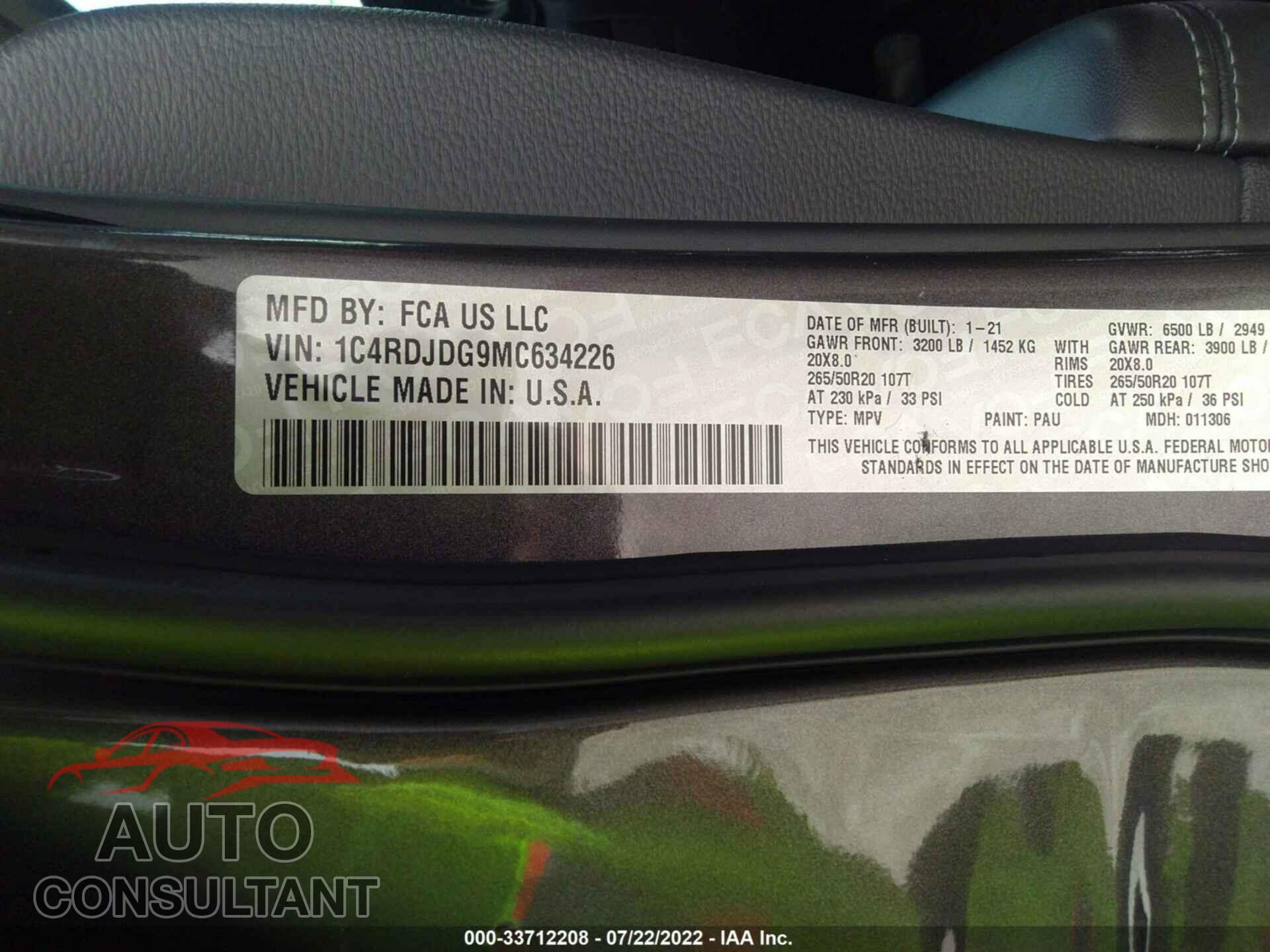 DODGE DURANGO 2021 - 1C4RDJDG9MC634226