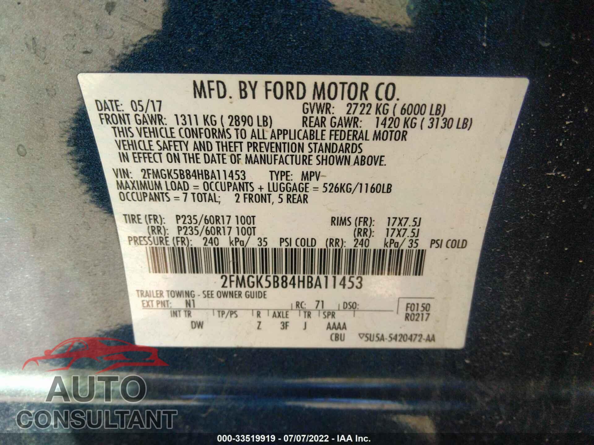 FORD FLEX 2017 - 2FMGK5B84HBA11453