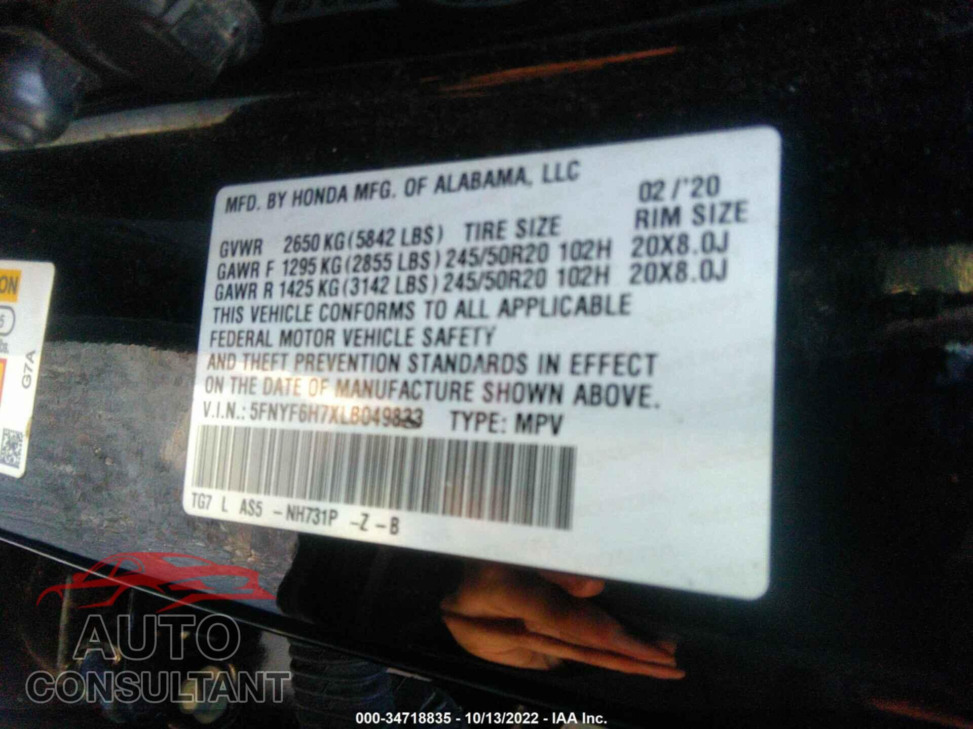 HONDA PILOT 2020 - 5FNYF6H7XLB049833