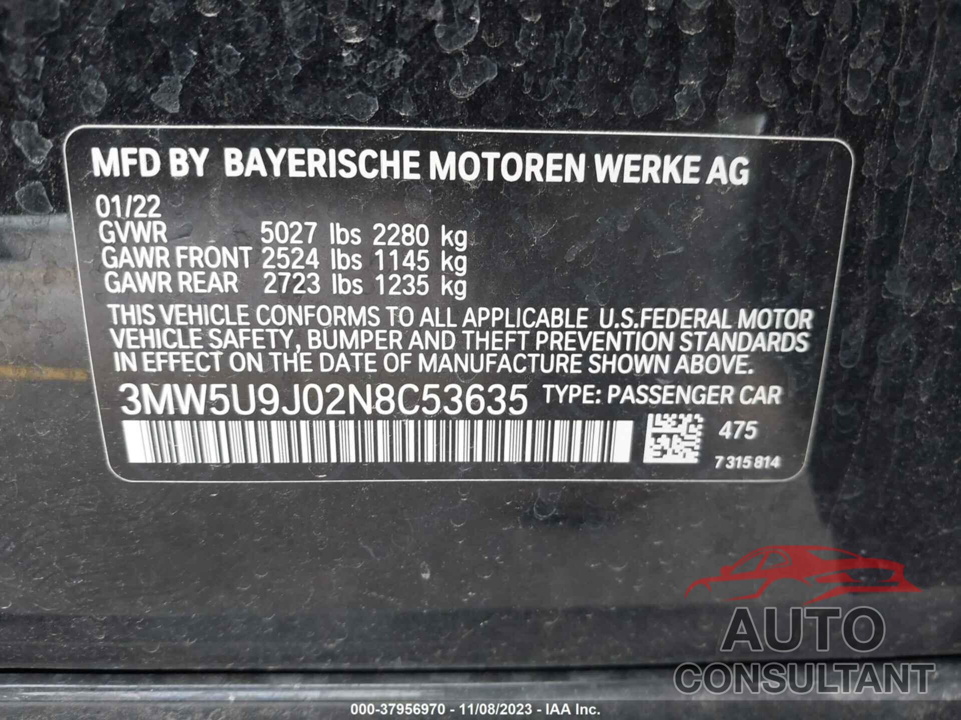 BMW 3 SERIES 2022 - 3MW5U9J02N8C53635