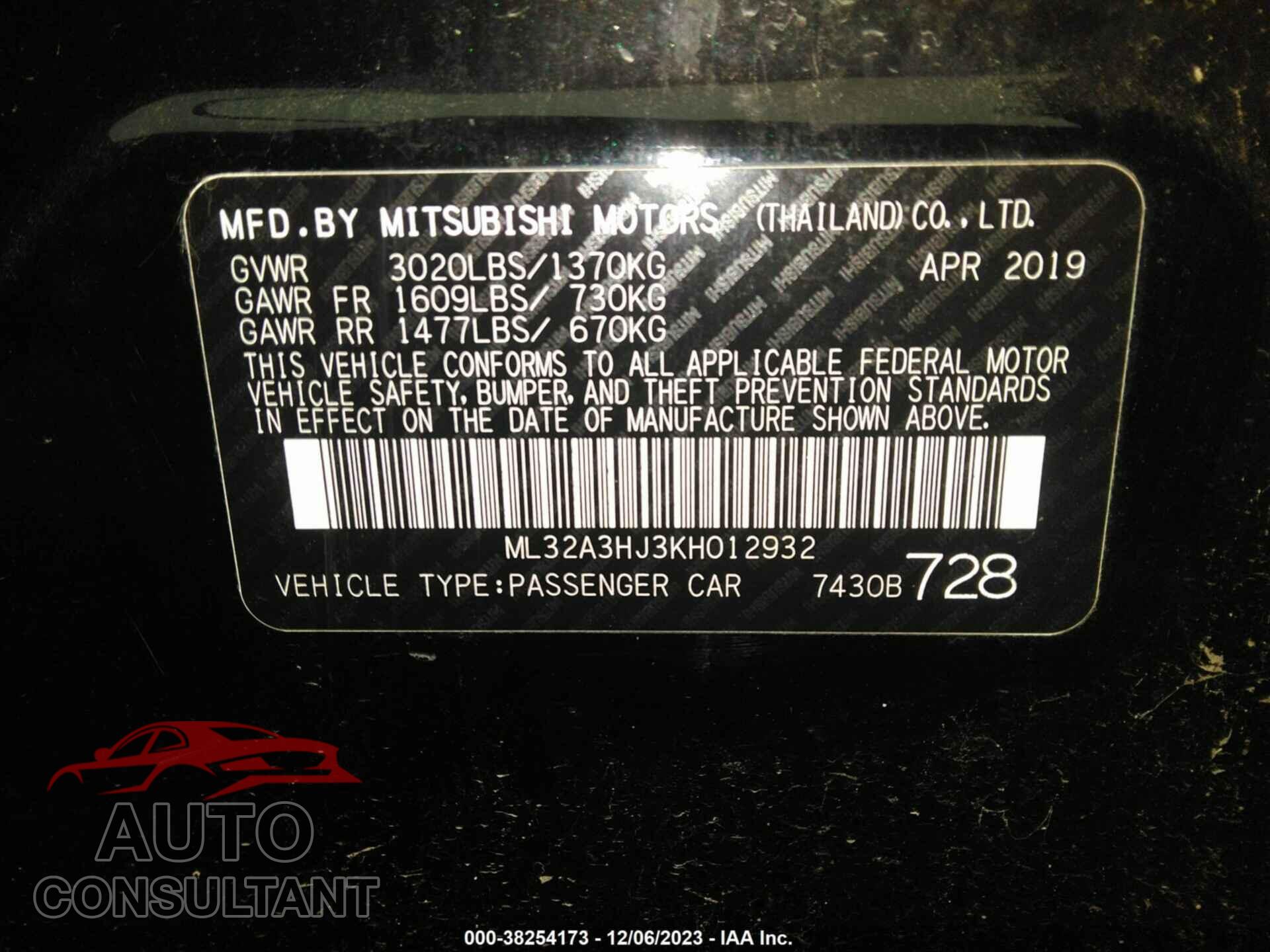 MITSUBISHI MIRAGE 2019 - ML32A3HJ3KH012932