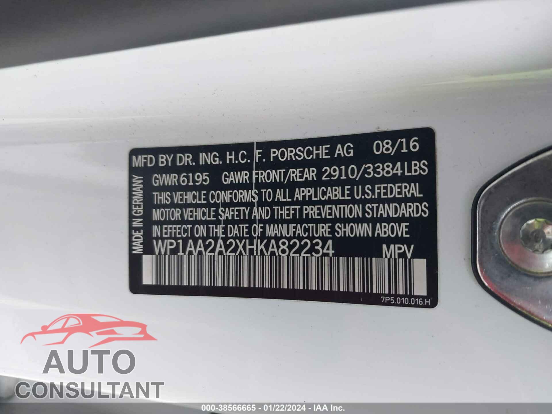 PORSCHE CAYENNE 2017 - WP1AA2A2XHKA82234