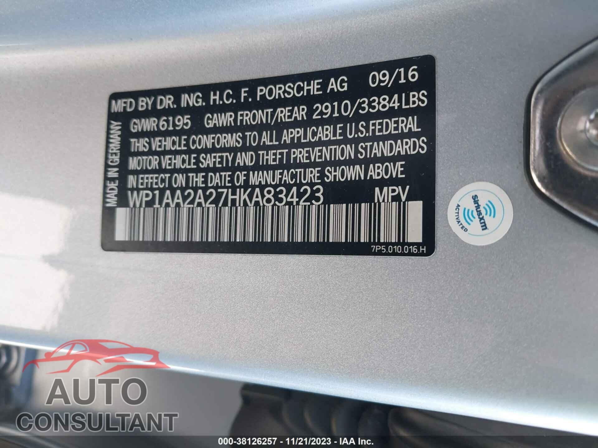 PORSCHE CAYENNE 2017 - WP1AA2A27HKA83423