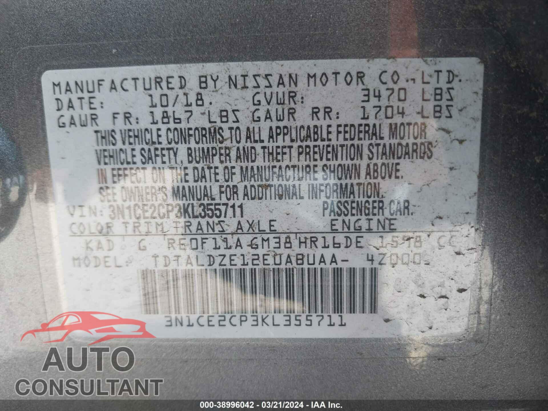 NISSAN VERSA NOTE 2019 - 3N1CE2CP3KL355711