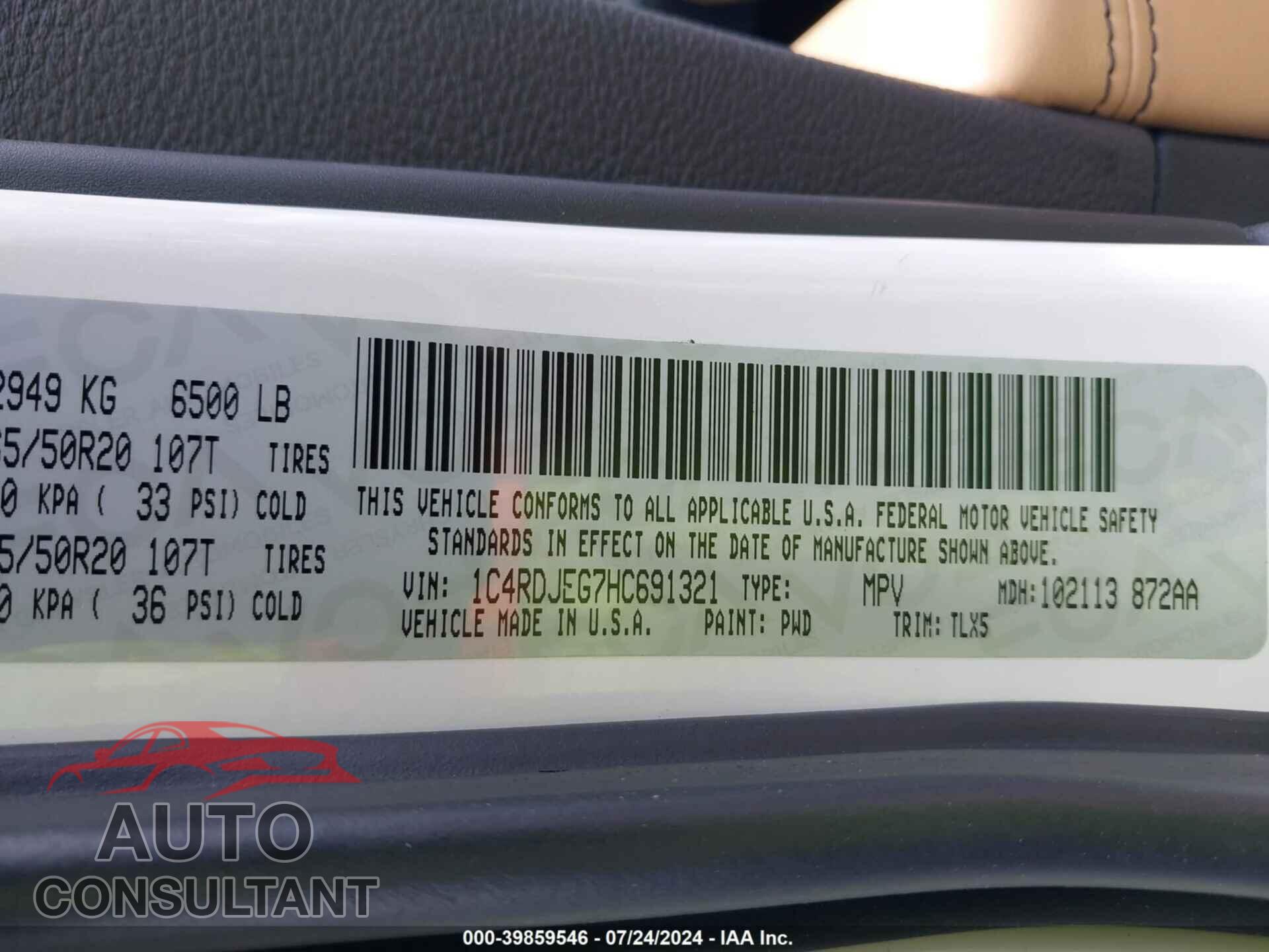 DODGE DURANGO 2017 - 1C4RDJEG7HC691321