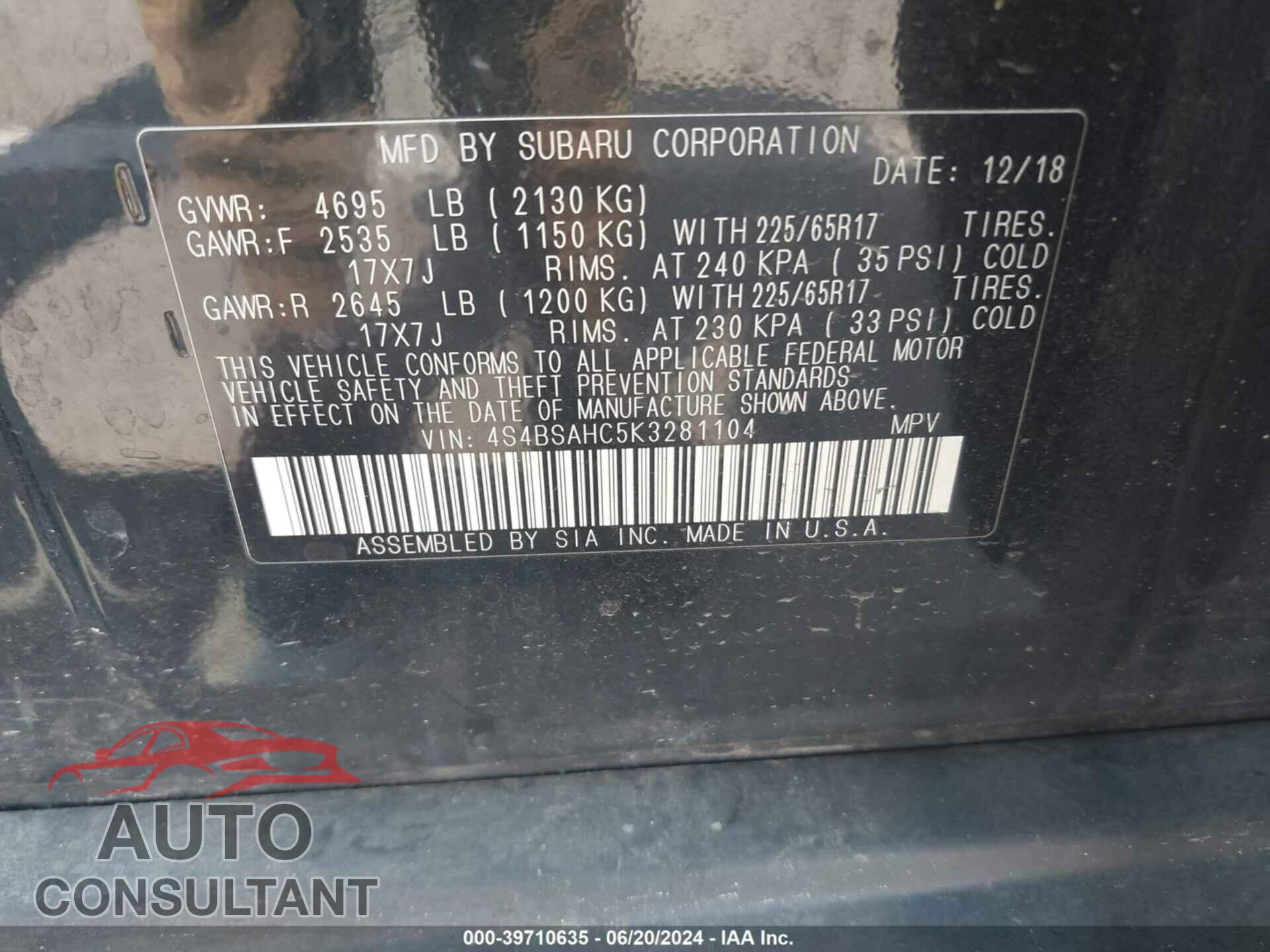 SUBARU OUTBACK 2019 - 4S4BSAHC5K3281104