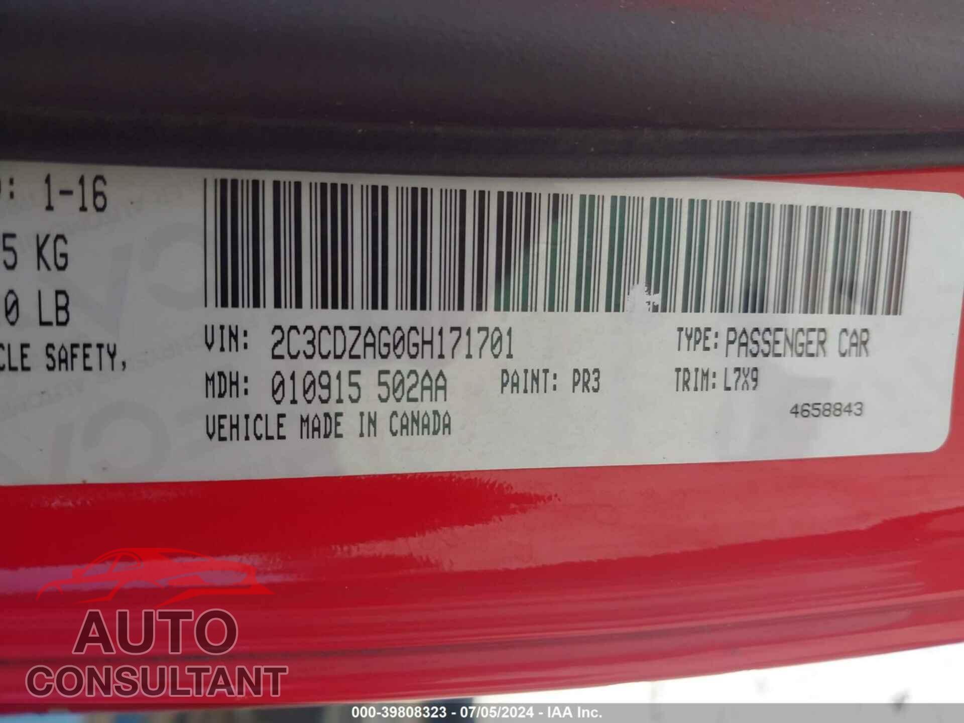 DODGE CHALLENGER 2016 - 2C3CDZAG0GH171701
