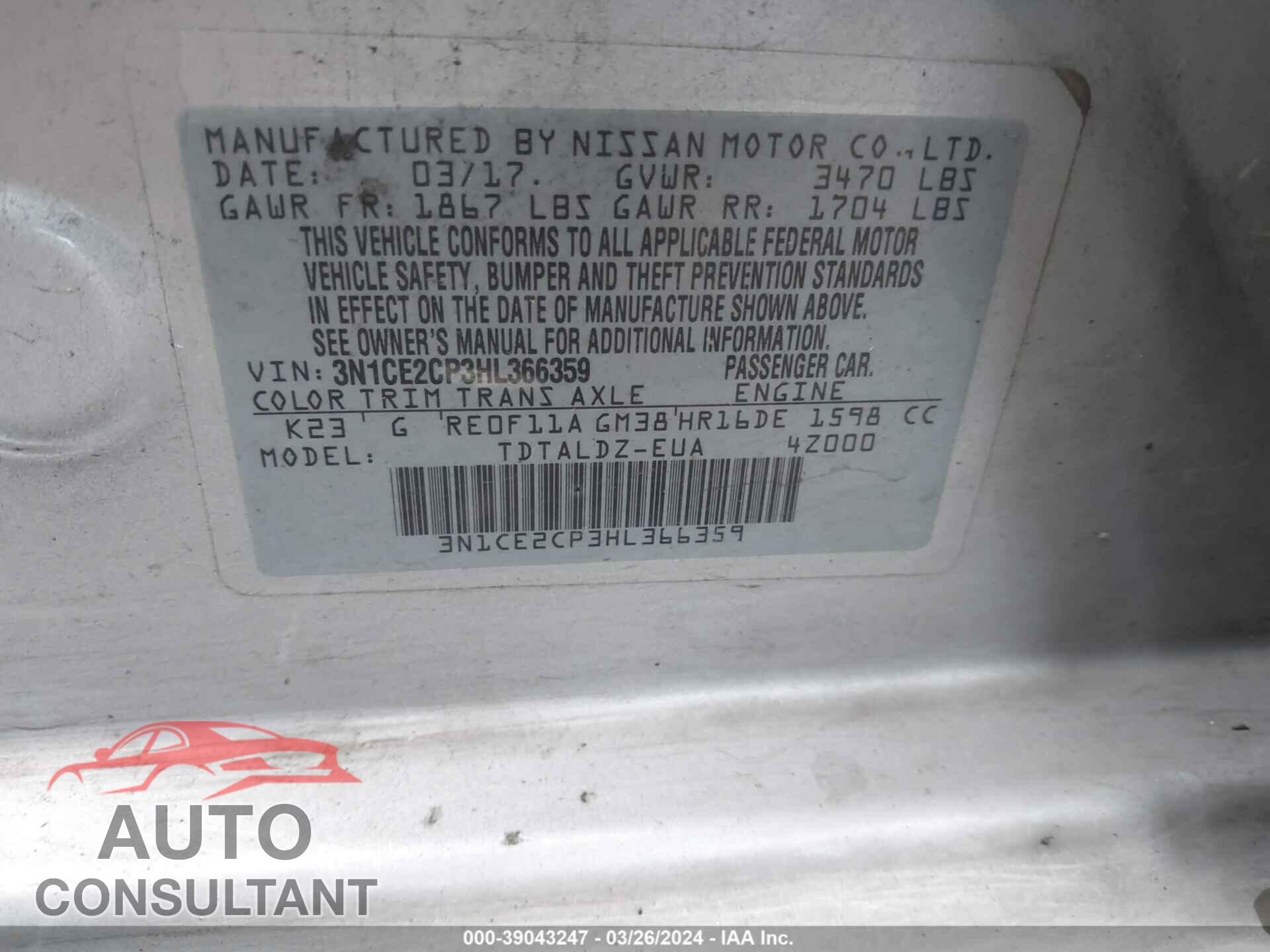 NISSAN VERSA NOTE 2017 - 3N1CE2CP3HL366359