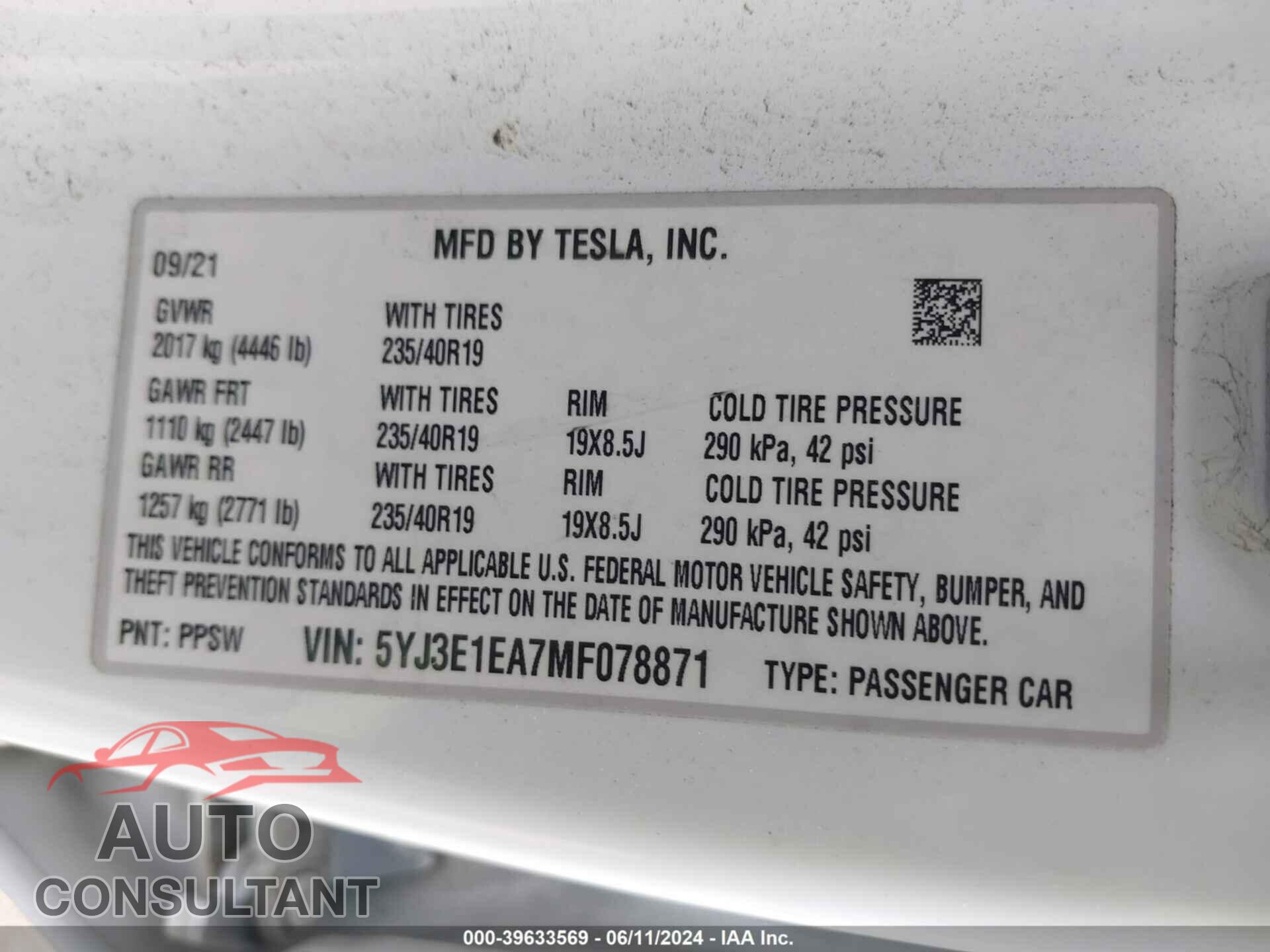 TESLA MODEL 3 2021 - 5YJ3E1EA7MF078871