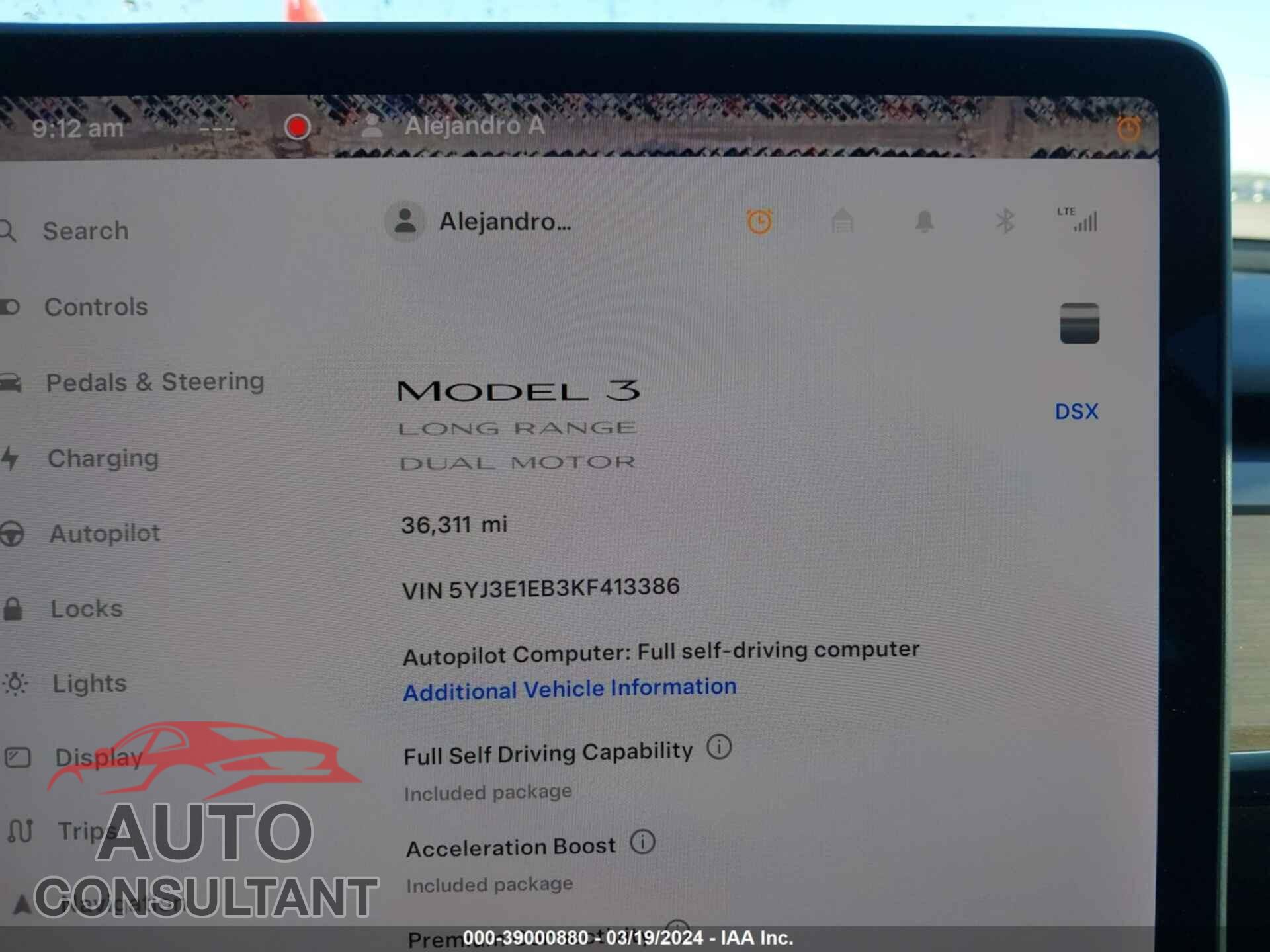 TESLA MODEL 3 2019 - 5YJ3E1EB3KF413386