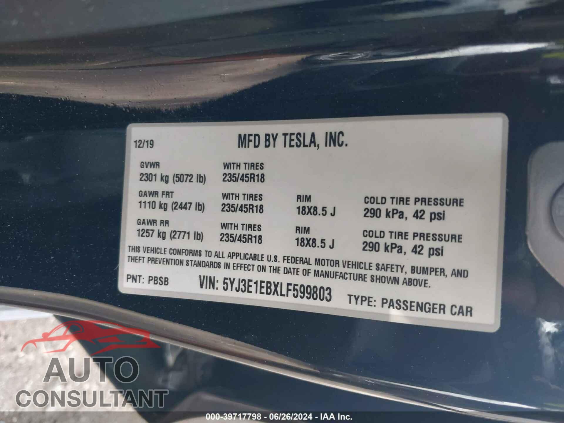 TESLA MODEL 3 2020 - 5YJ3E1EBXLF599803