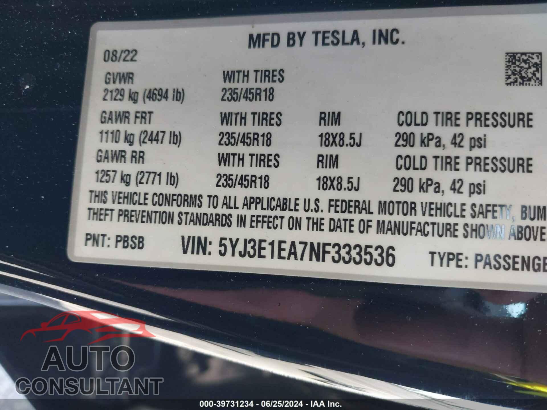 TESLA MODEL 3 2022 - 5YJ3E1EA7NF333536