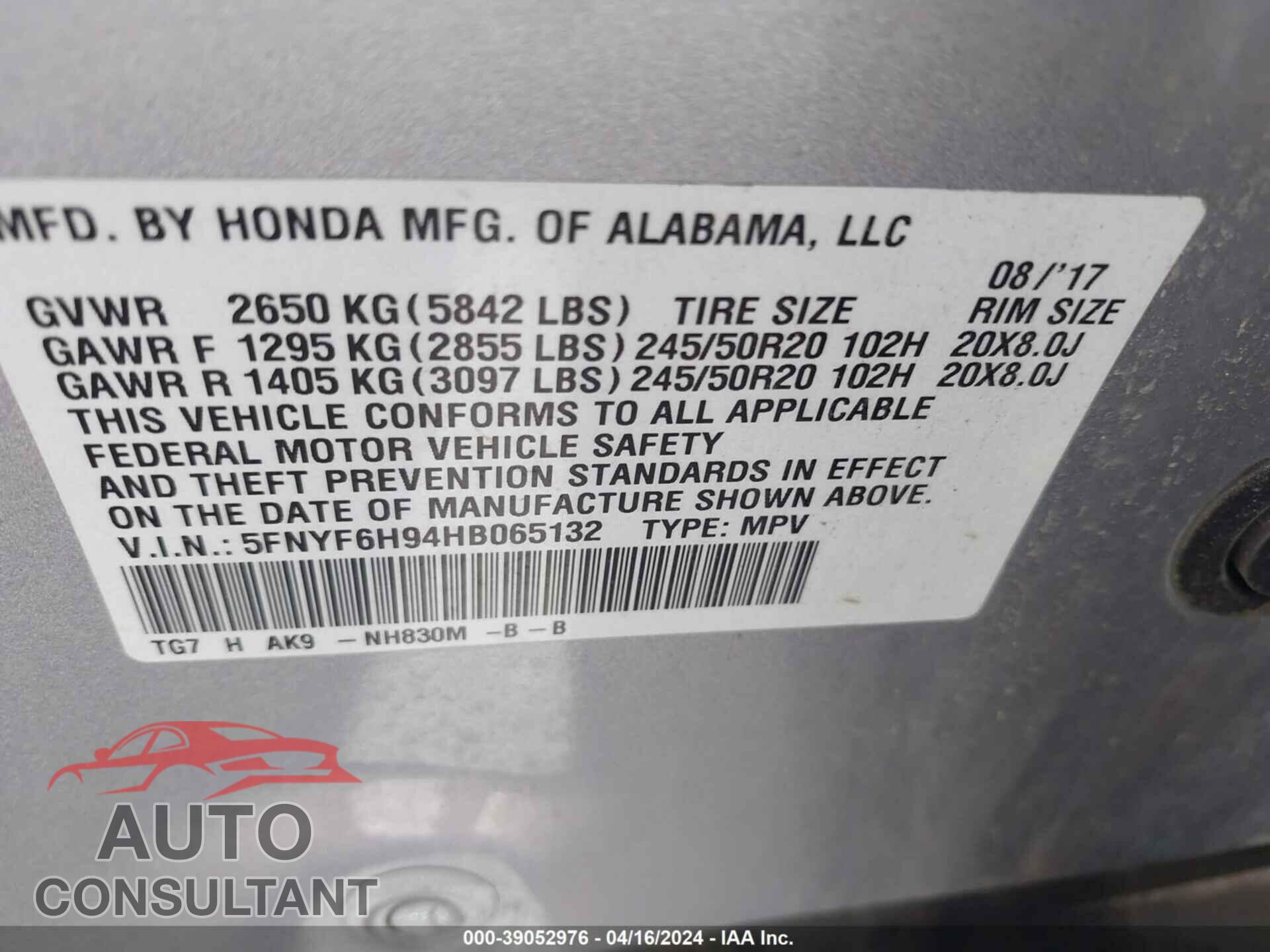 HONDA PILOT 2017 - 5FNYF6H94HB065132