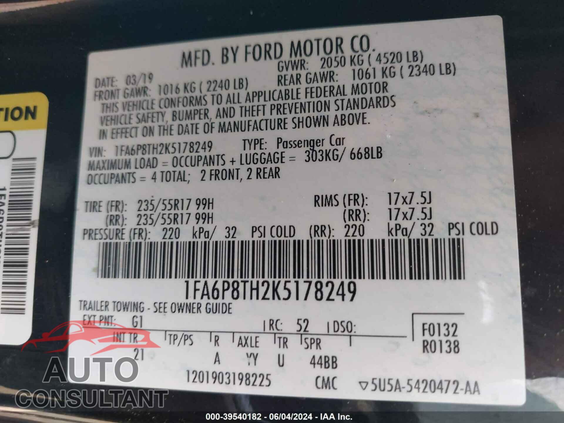 FORD MUSTANG 2019 - 1FA6P8TH2K5178249