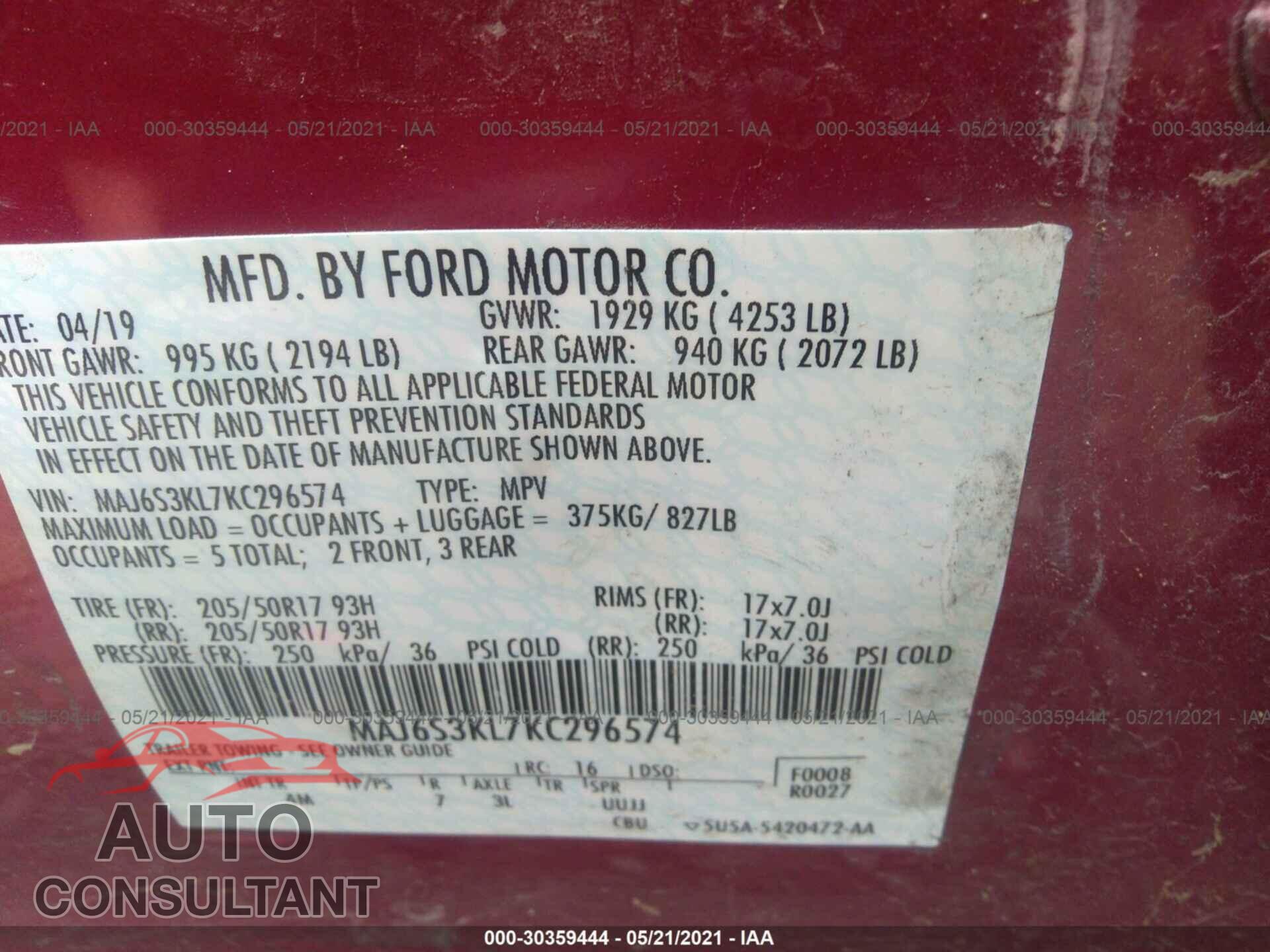 FORD ECOSPORT 2019 - MAJ6S3KL7KC296574