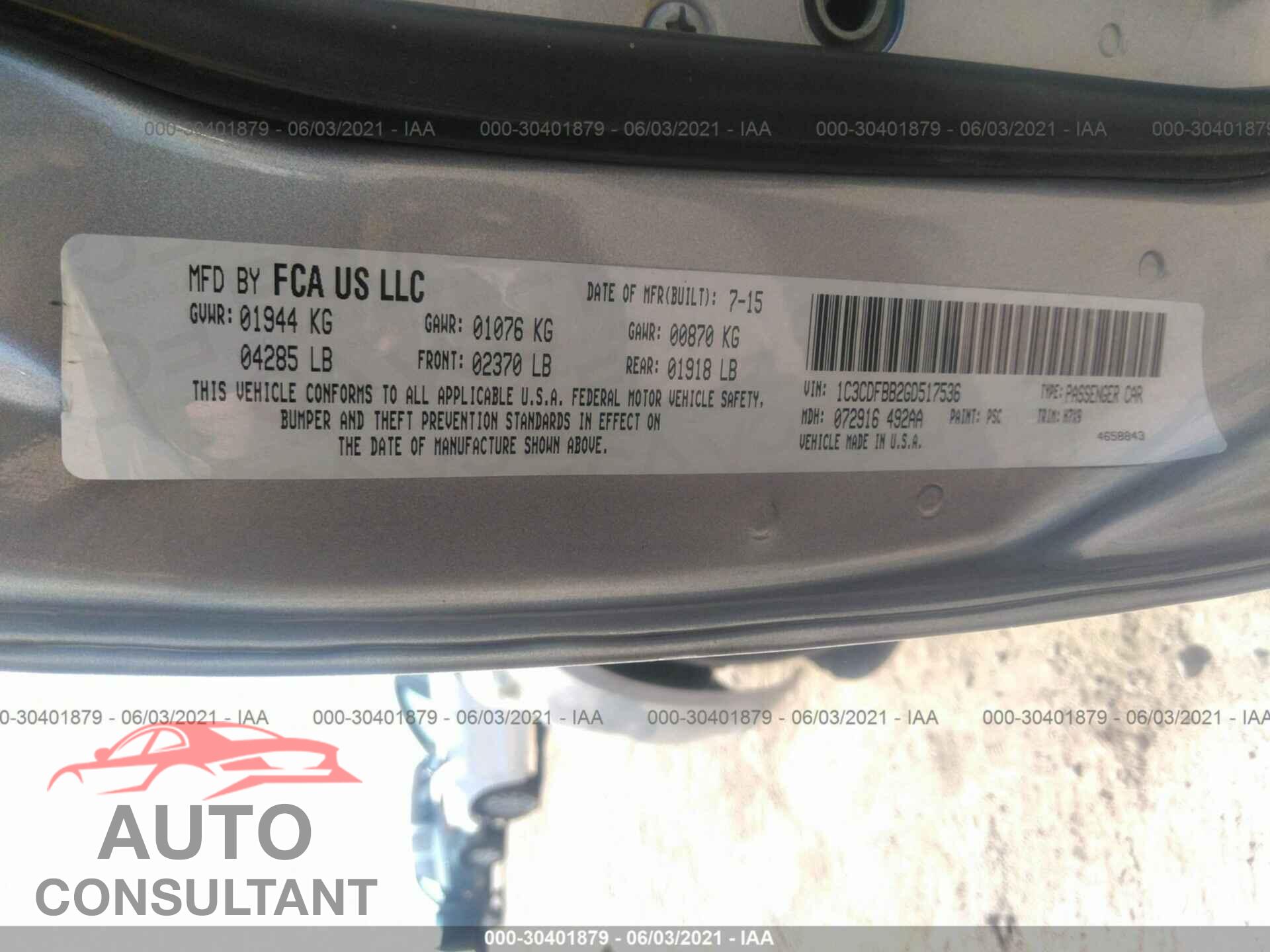 DODGE DART 2016 - 1C3CDFBB2GD517536