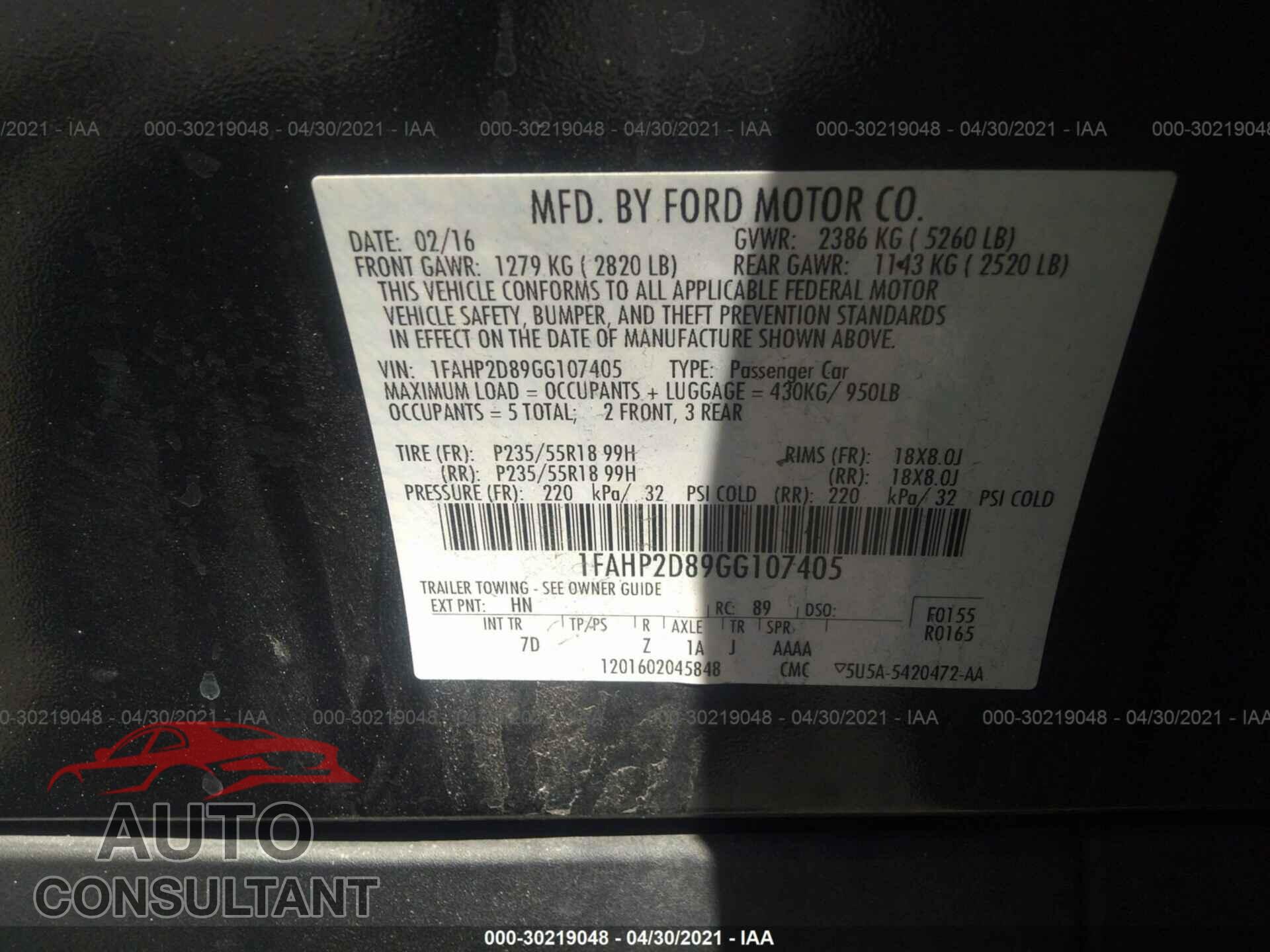 FORD TAURUS 2016 - 1FAHP2D89GG107405