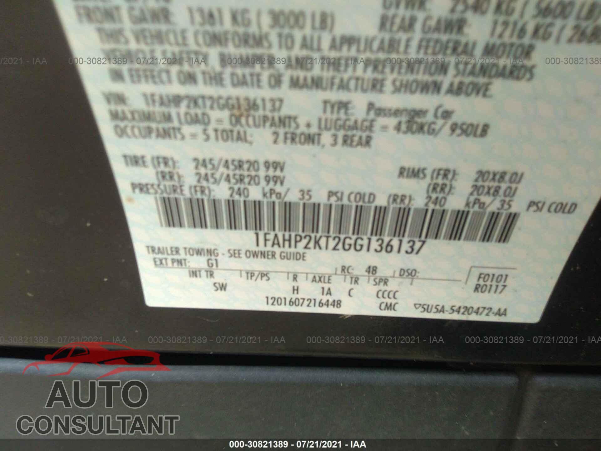 FORD TAURUS 2016 - 1FAHP2KT2GG136137