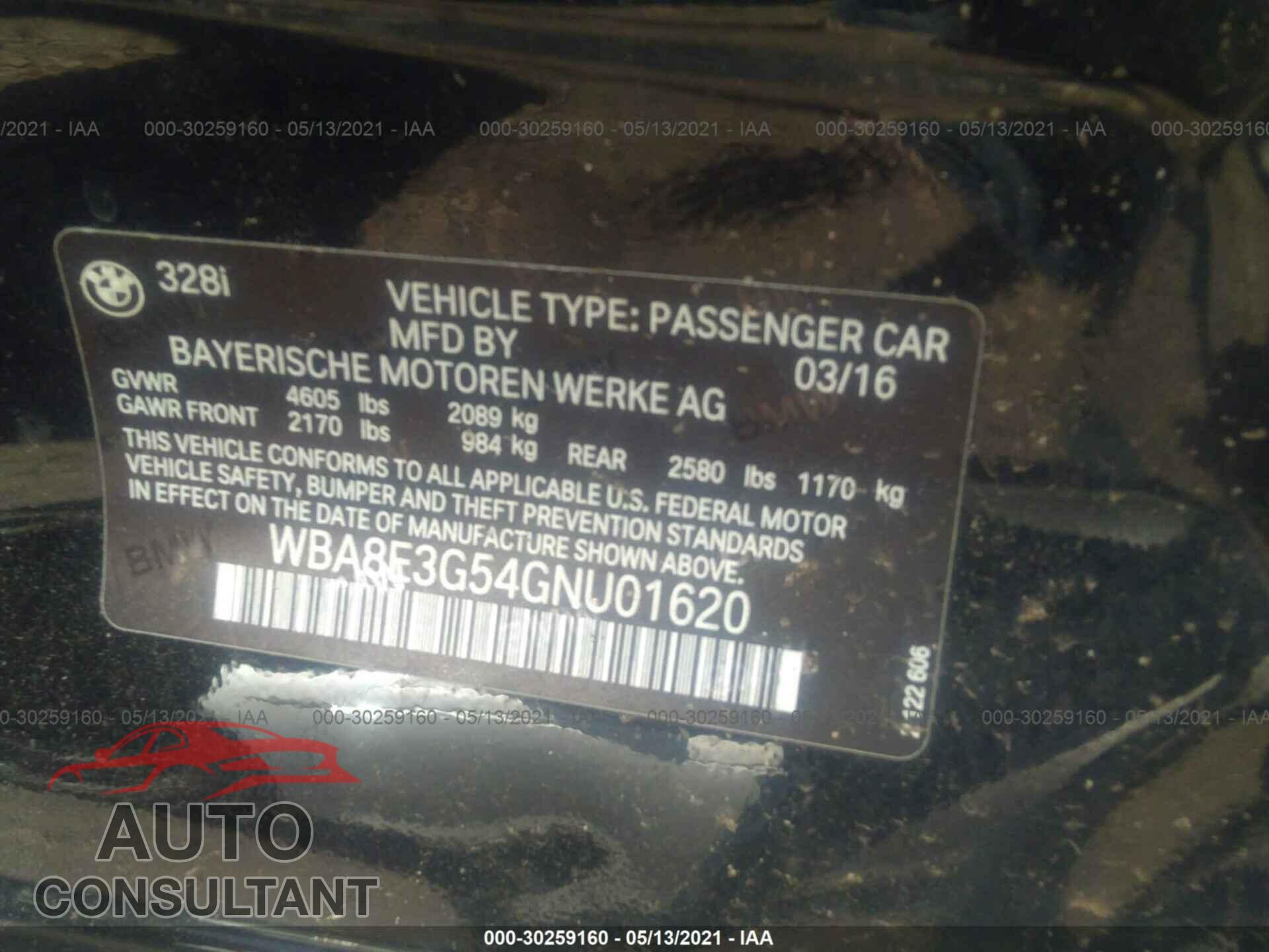 BMW 3 SERIES 2016 - WBA8E3G54GNU01620