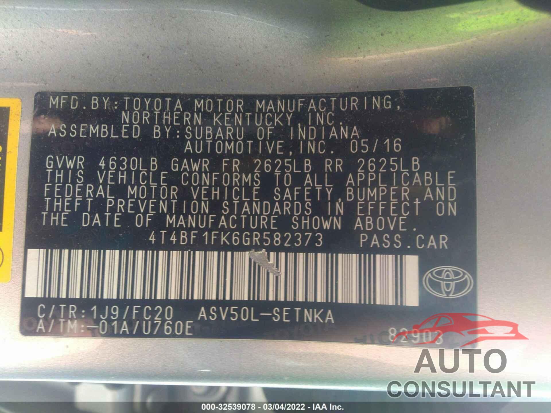 TOYOTA CAMRY 2016 - 4T4BF1FK6GR582373