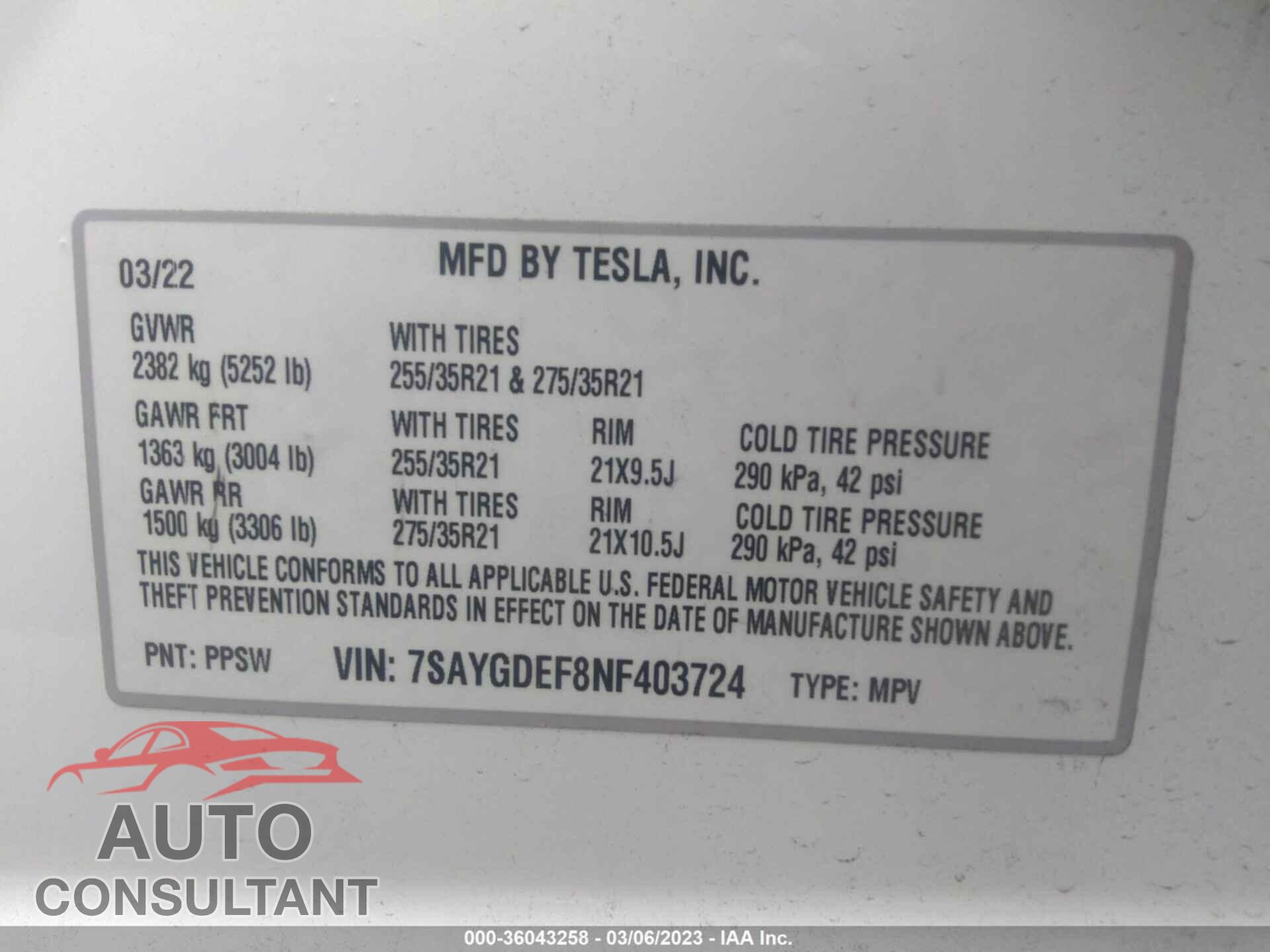 TESLA MODEL Y 2022 - 7SAYGDEF8NF403724