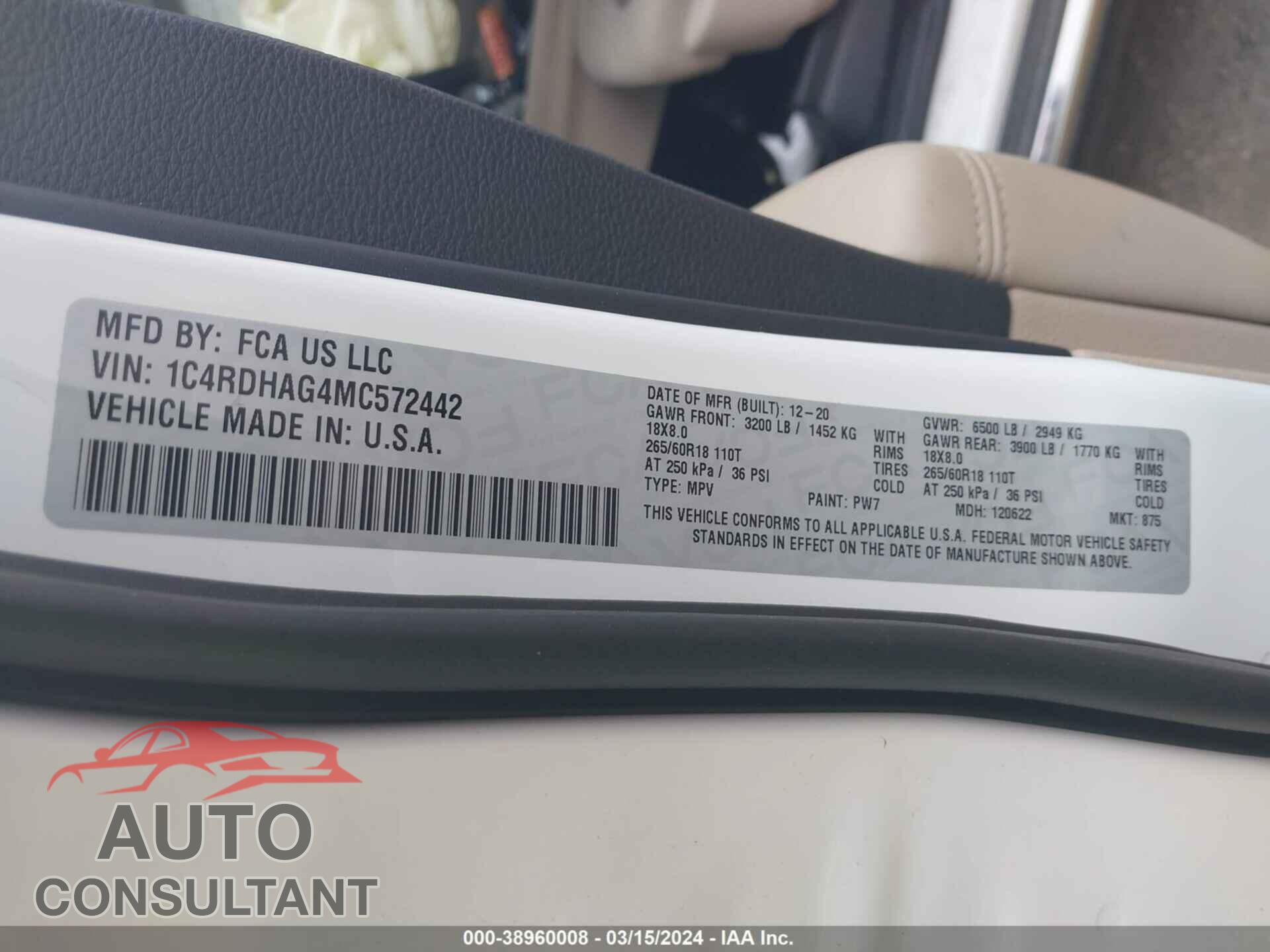 DODGE DURANGO 2021 - 1C4RDHAG4MC572442