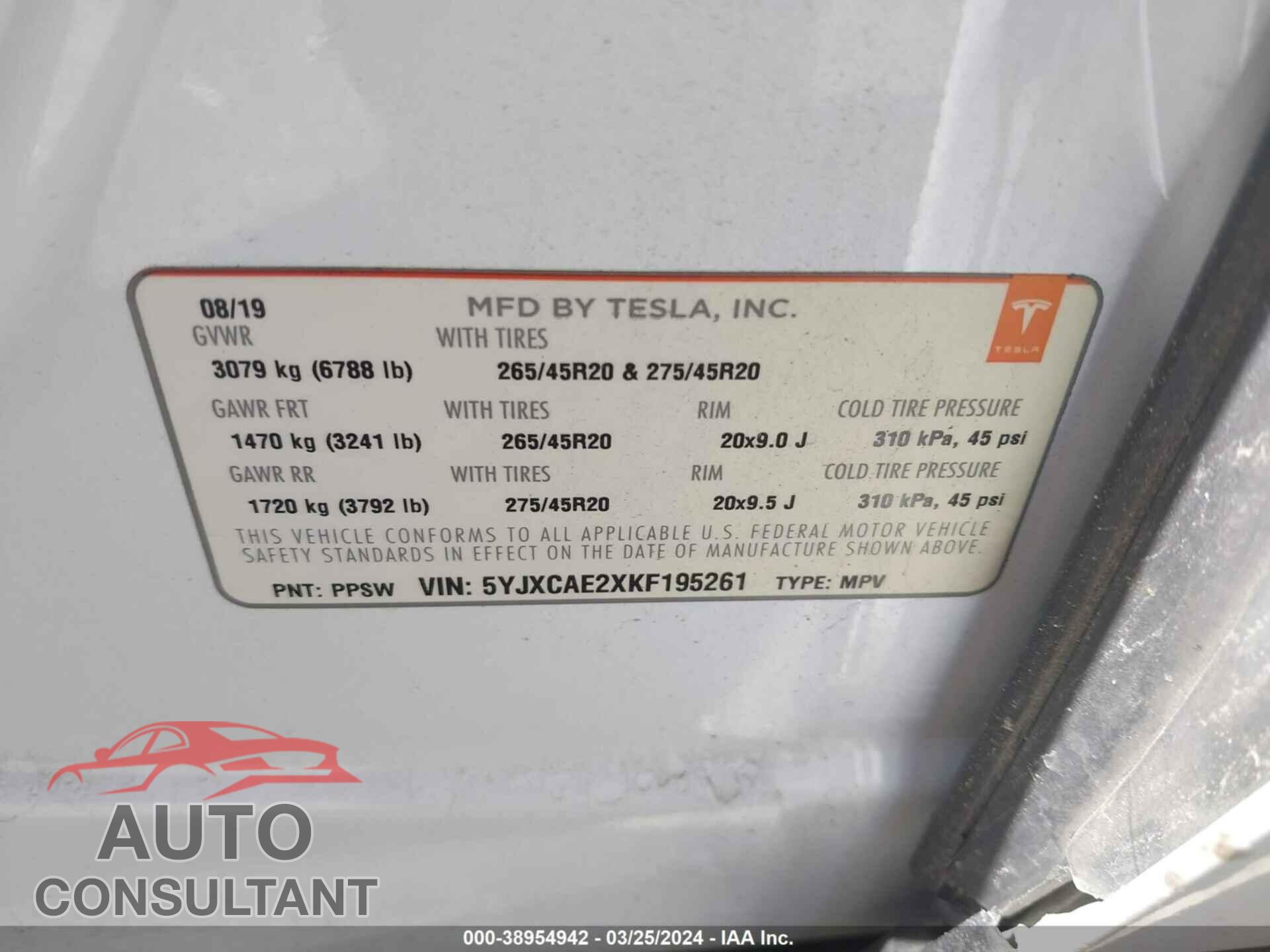 TESLA MODEL X 2019 - 5YJXCAE2XKF195261