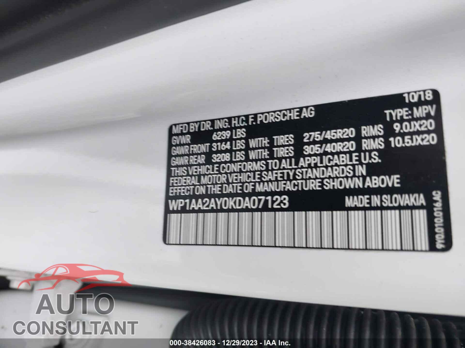 PORSCHE CAYENNE 2019 - WP1AA2AY0KDA07123