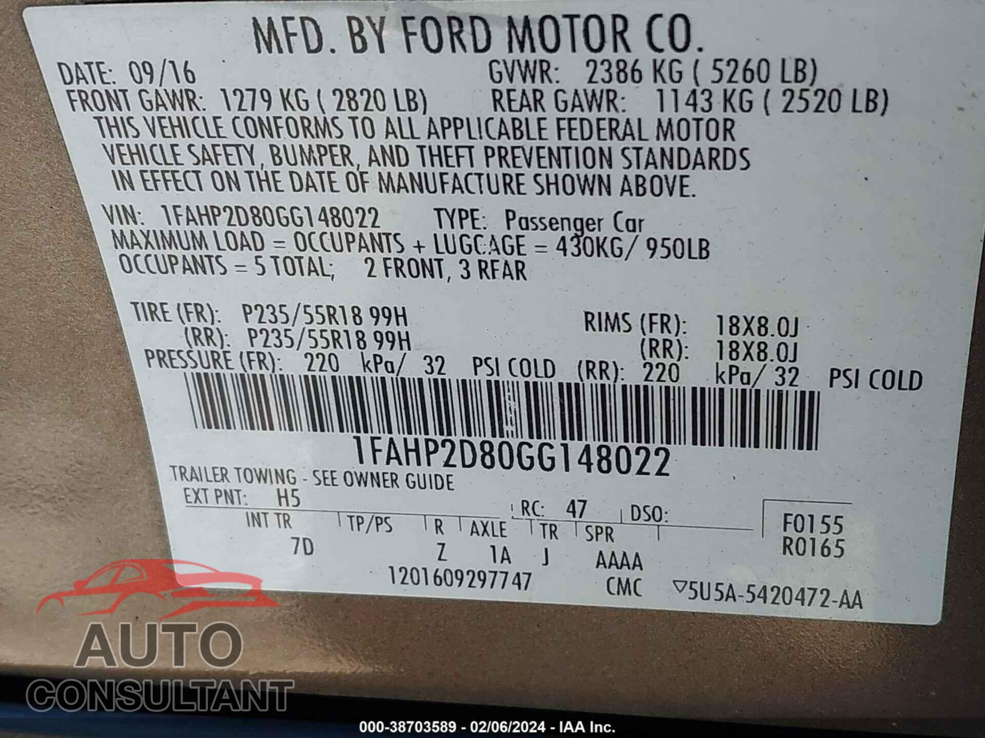 FORD TAURUS 2016 - 1FAHP2D80GG148022