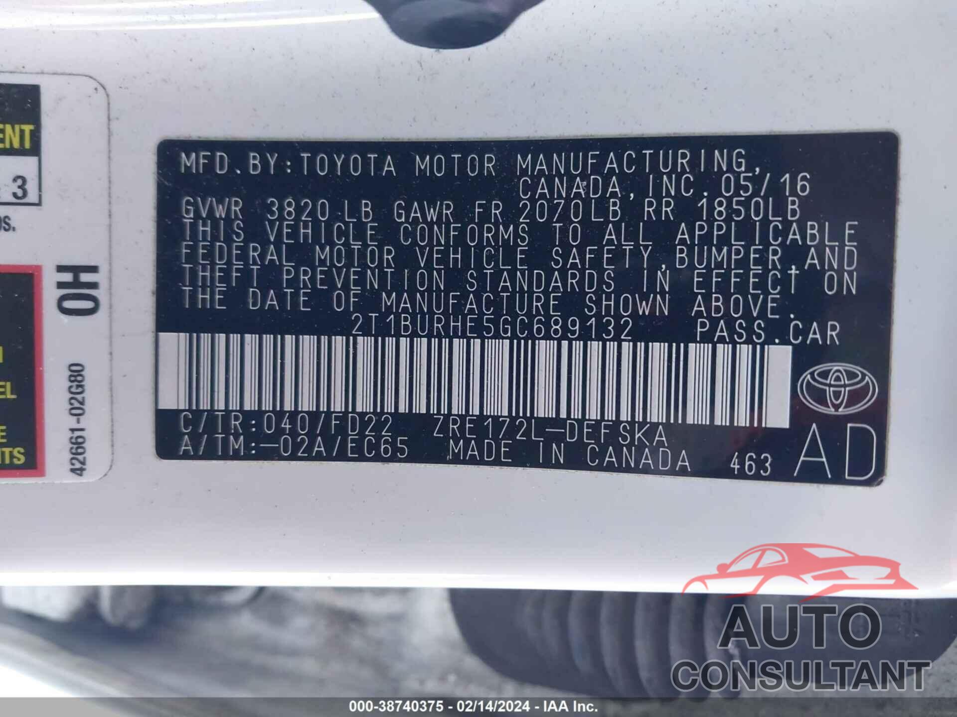 TOYOTA COROLLA 2016 - 2T1BURHE5GC689132