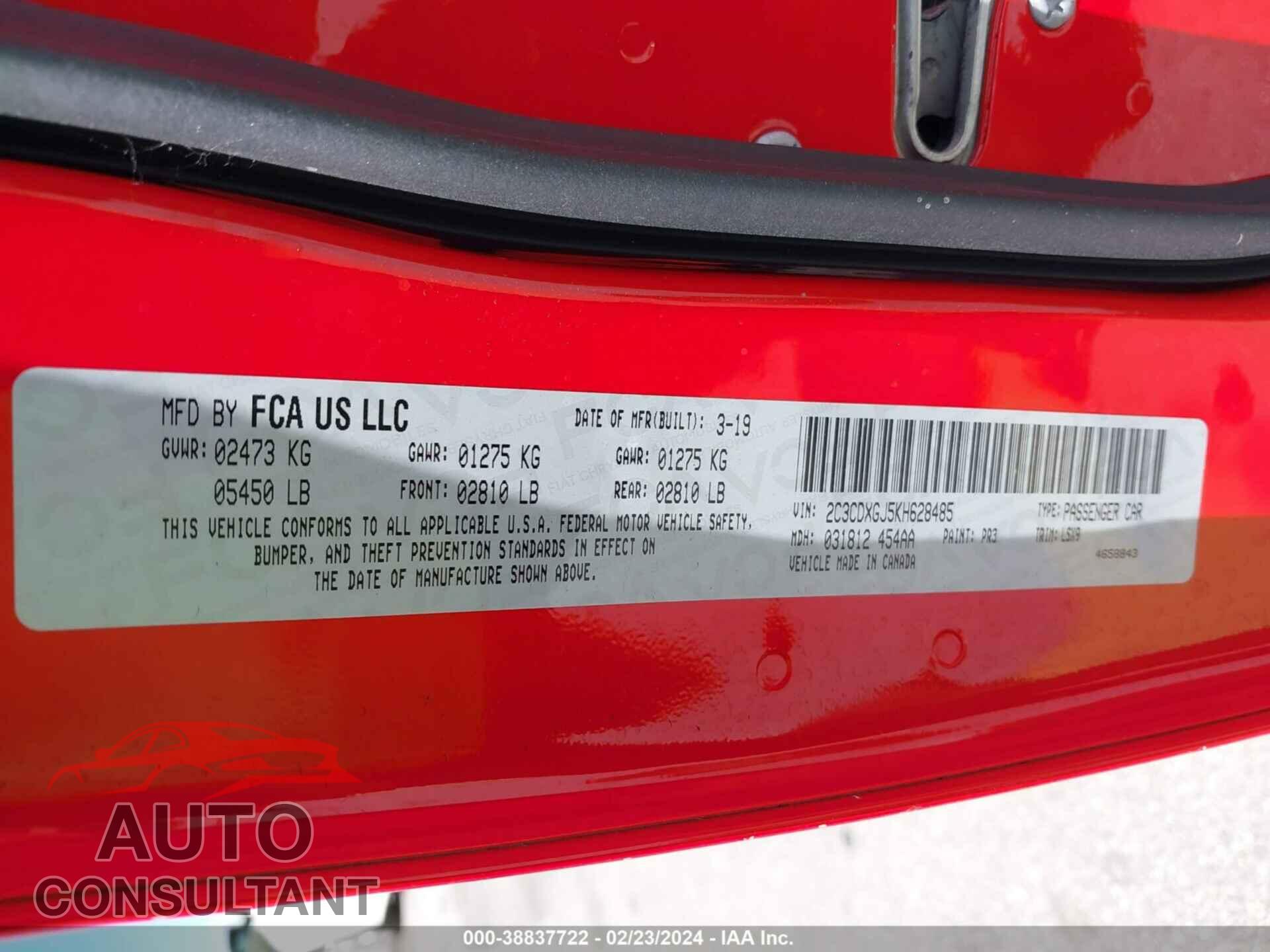 DODGE CHARGER 2019 - 2C3CDXGJ5KH628485