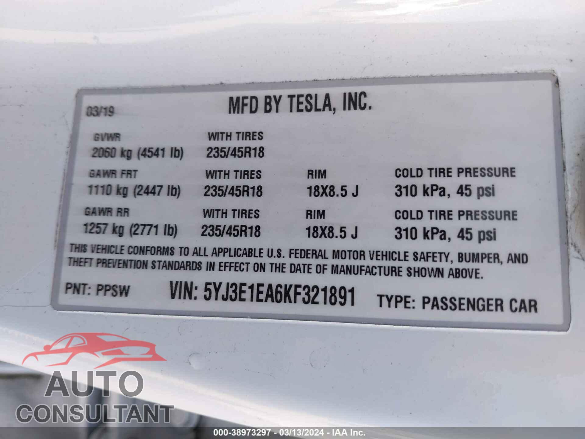 TESLA MODEL 3 2019 - 5YJ3E1EA6KF321891